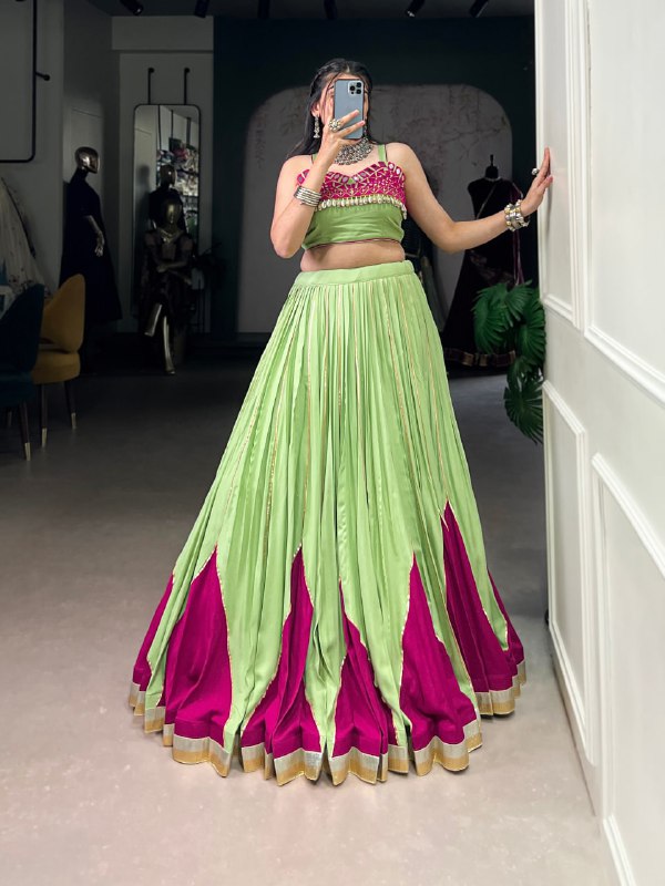 Kiara's Parrot Green & Rani Pink Mirror Magic Lehenga Choli