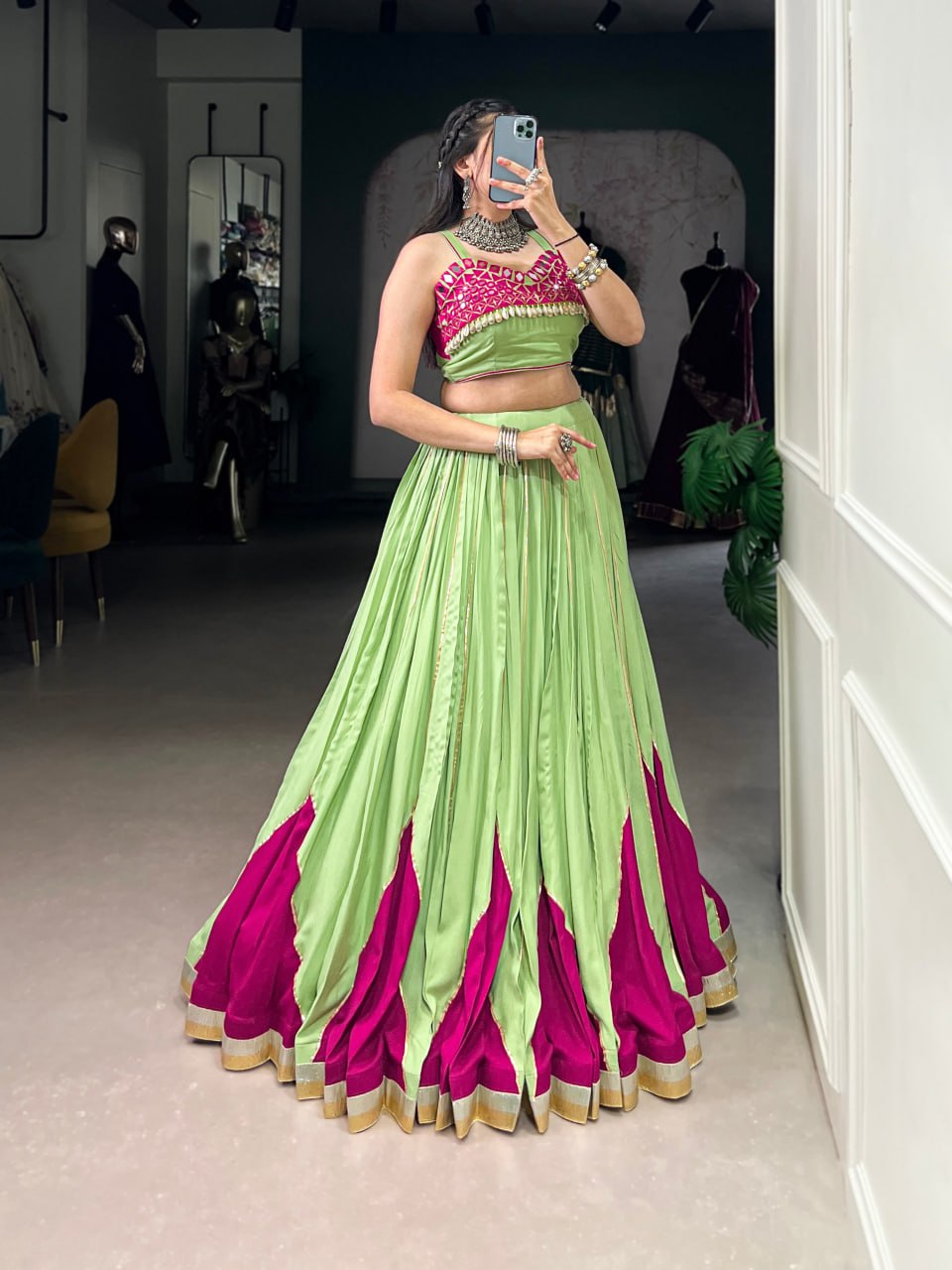 Kiara's Parrot Green & Rani Pink Mirror Magic Lehenga Choli