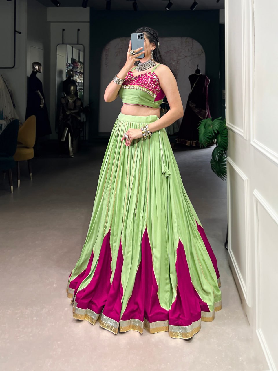 Kiara's Parrot Green & Rani Pink Mirror Magic Lehenga Choli
