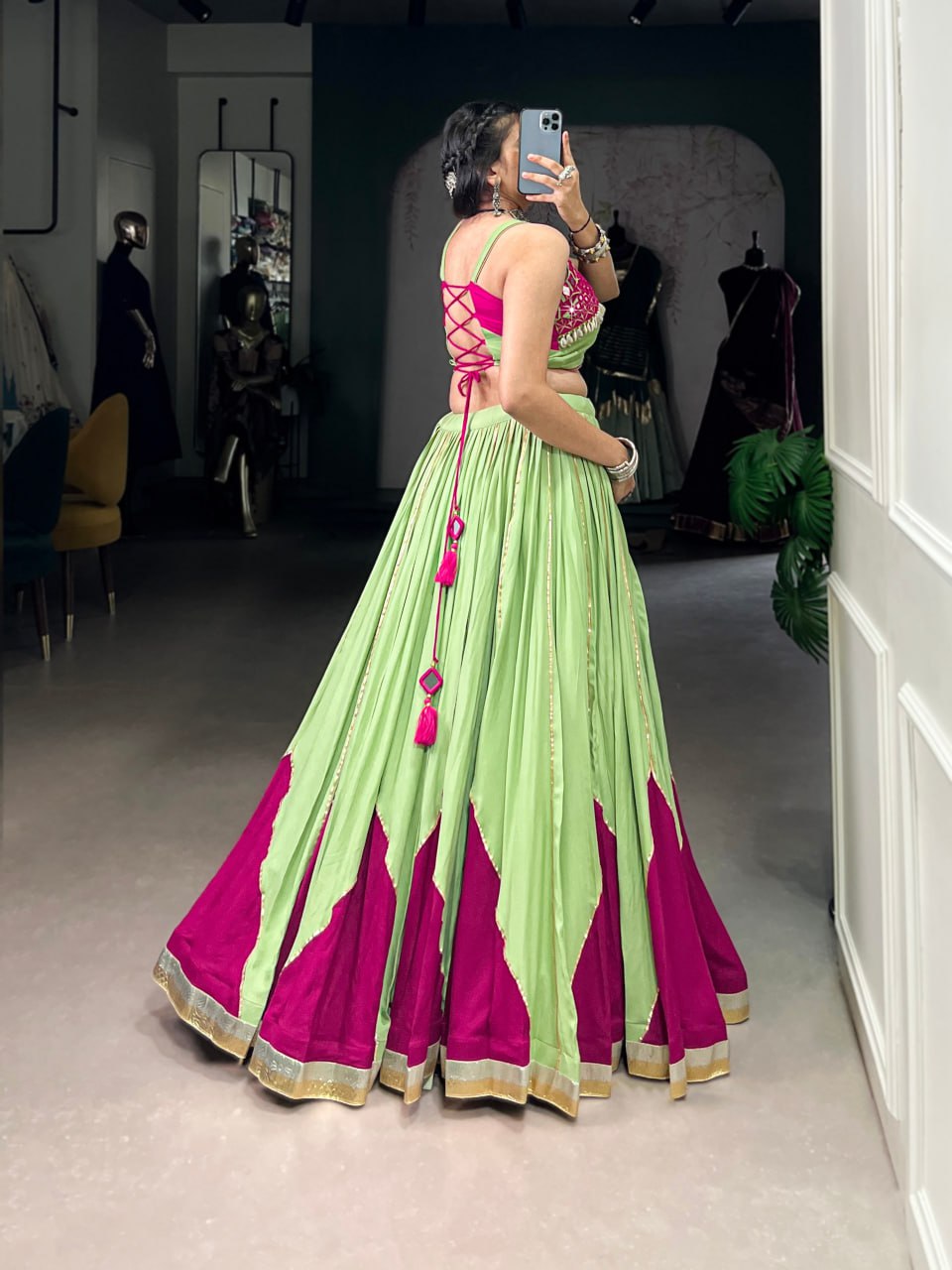 Kiara's Parrot Green & Rani Pink Mirror Magic Lehenga Choli
