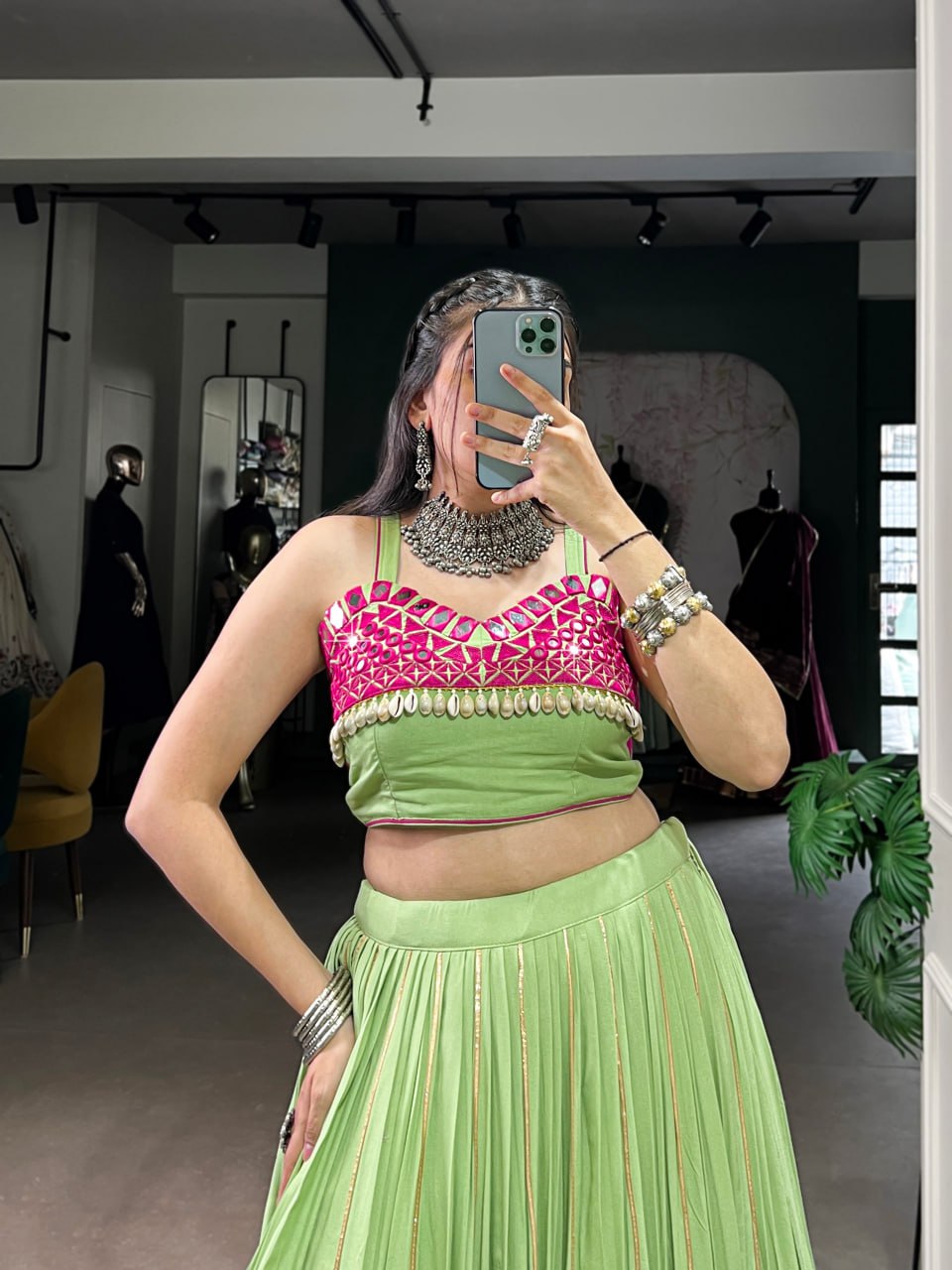 Kiara's Parrot Green & Rani Pink Mirror Magic Lehenga Choli