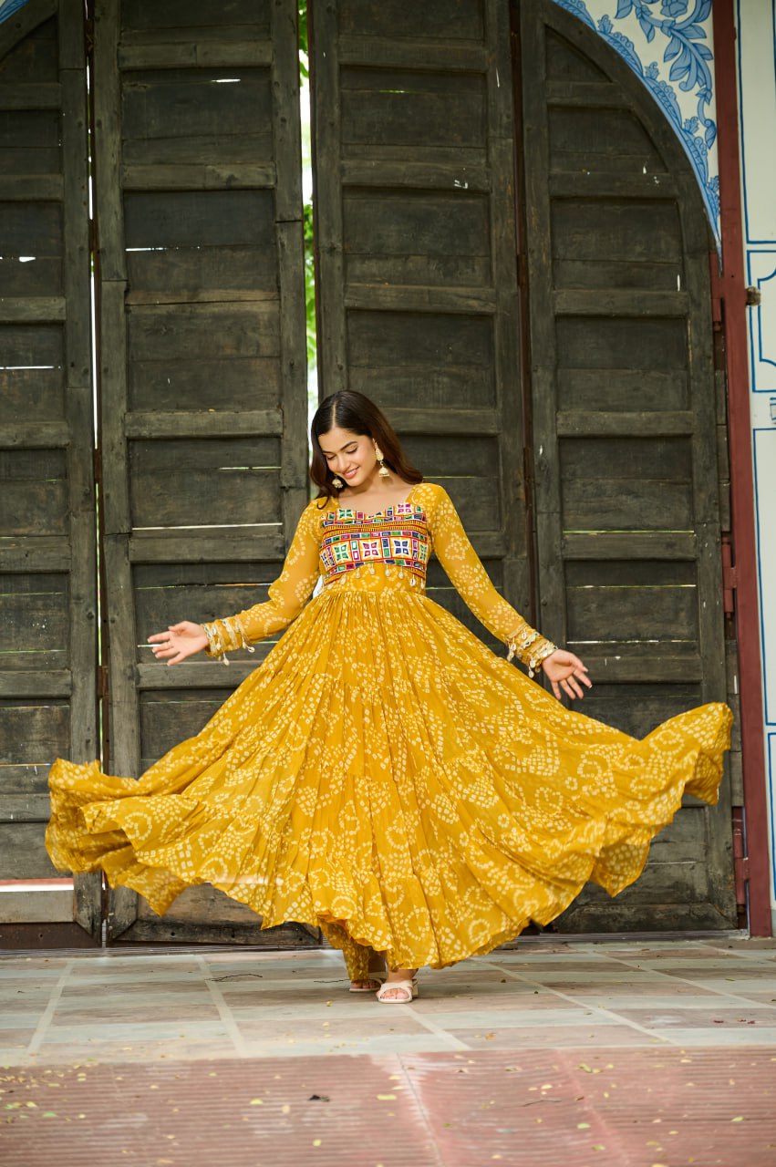 Navrang Fusion Bandhani Mirror Work Garba Gown
