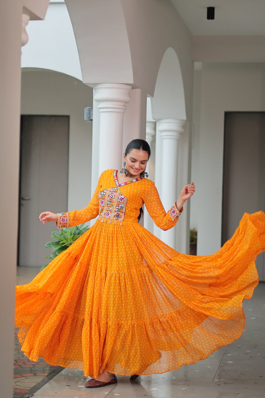 Rangriti Swirl Traditional Bandhani Print Mirror Embroidery Gown