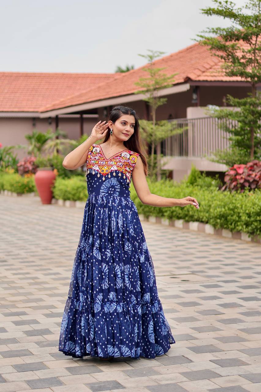 Myra Bandhani Mirror Work Flared Cotton Anarkali Work