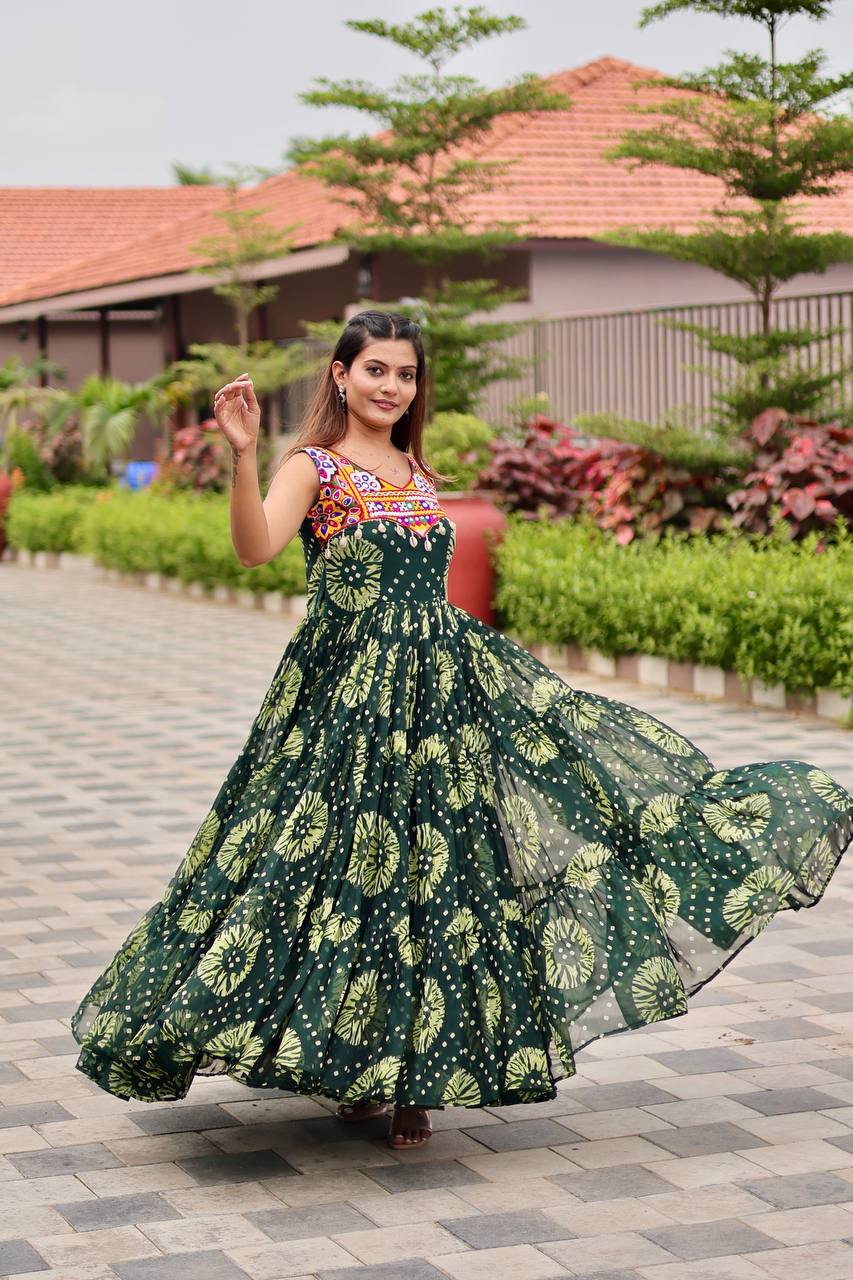 Myra Bandhani Mirror Work Flared Cotton Anarkali Work