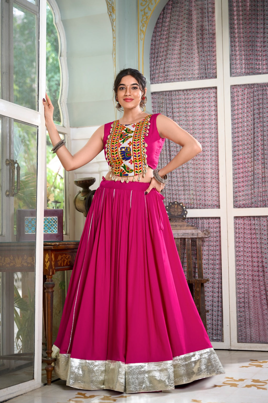 Chaniya Choli for Garba Nights โ Gamthi Work Blouse & Rayon Lehenga