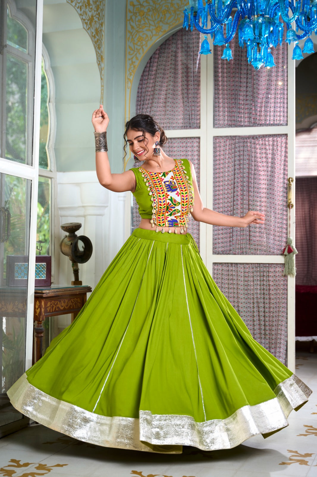 Chaniya Choli for Garba Nights โ Gamthi Work Blouse & Rayon Lehenga