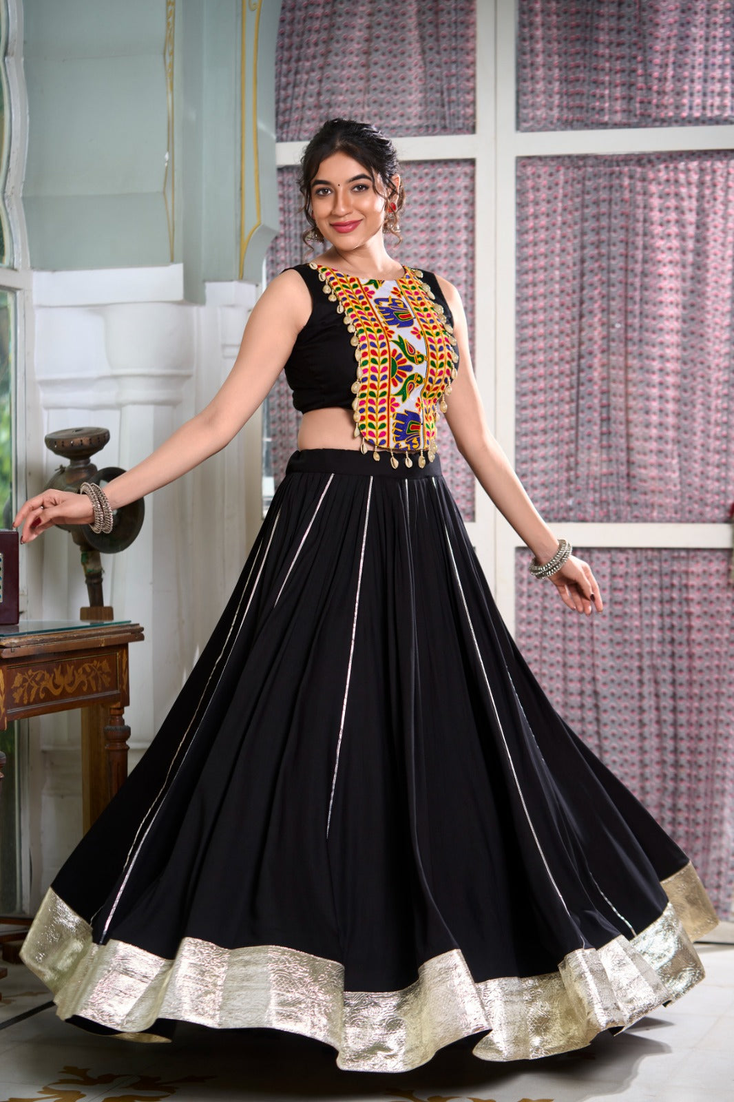 Chaniya Choli for Garba Nights โ Gamthi Work Blouse & Rayon Lehenga