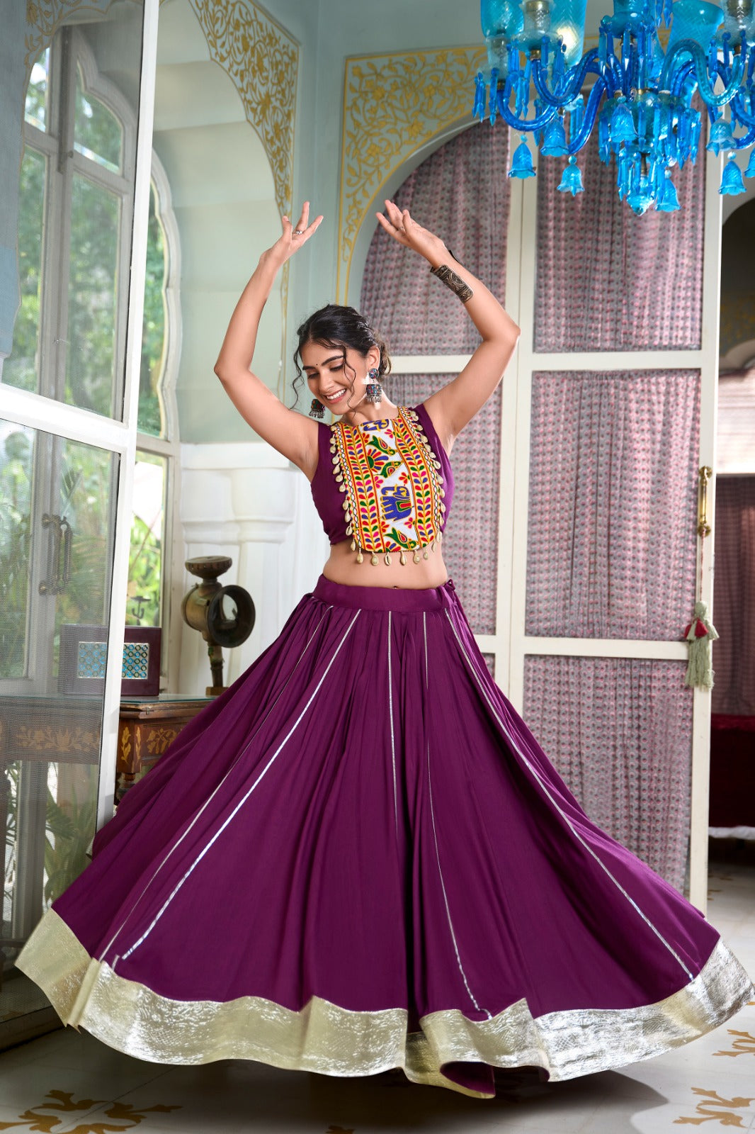 Chaniya Choli for Garba Nights โ Gamthi Work Blouse & Rayon Lehenga
