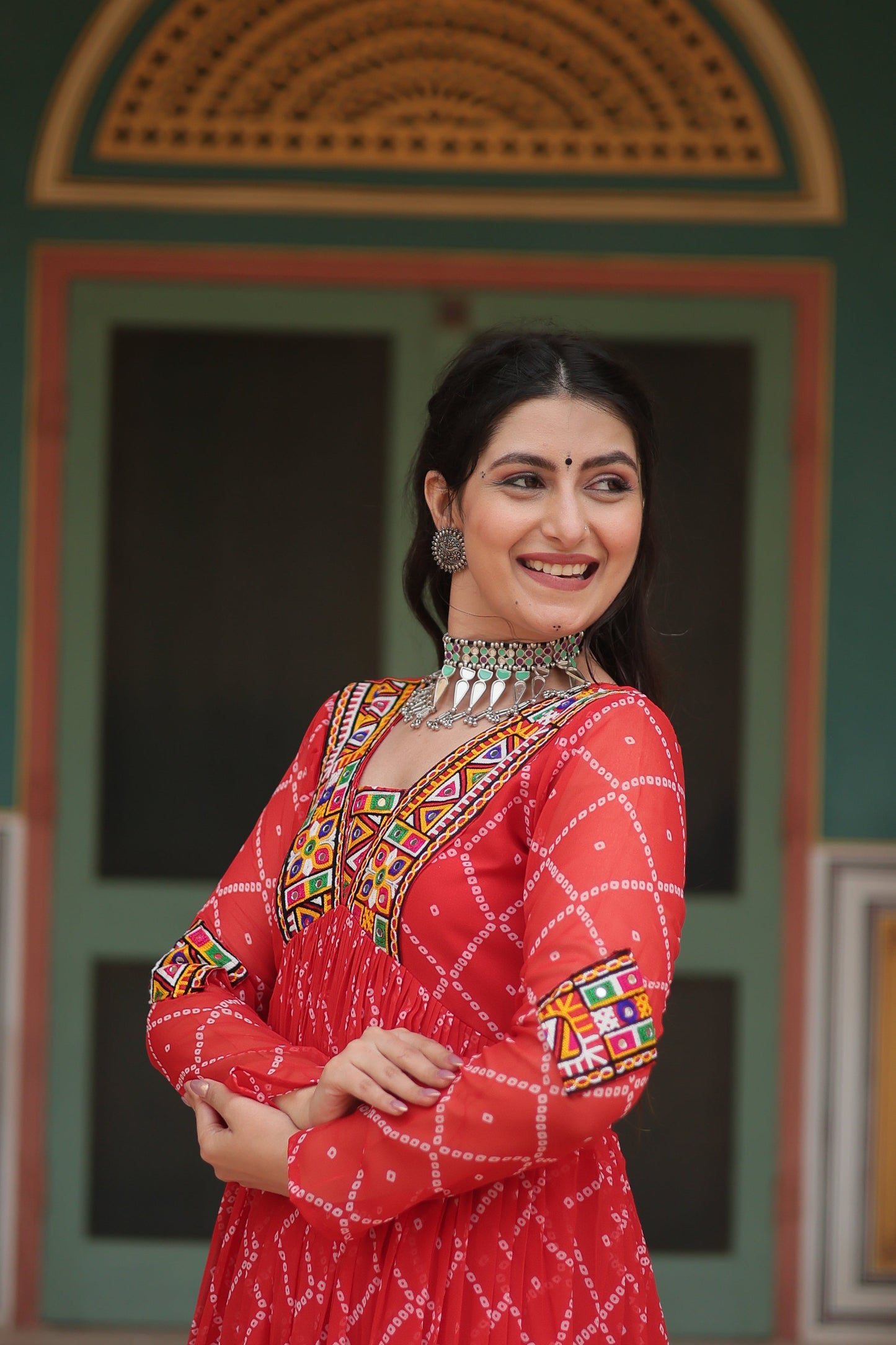 TILTON NAVRATRI SPECIAL BHANDHANI PRINT FAUX GEORGETTE GOWN