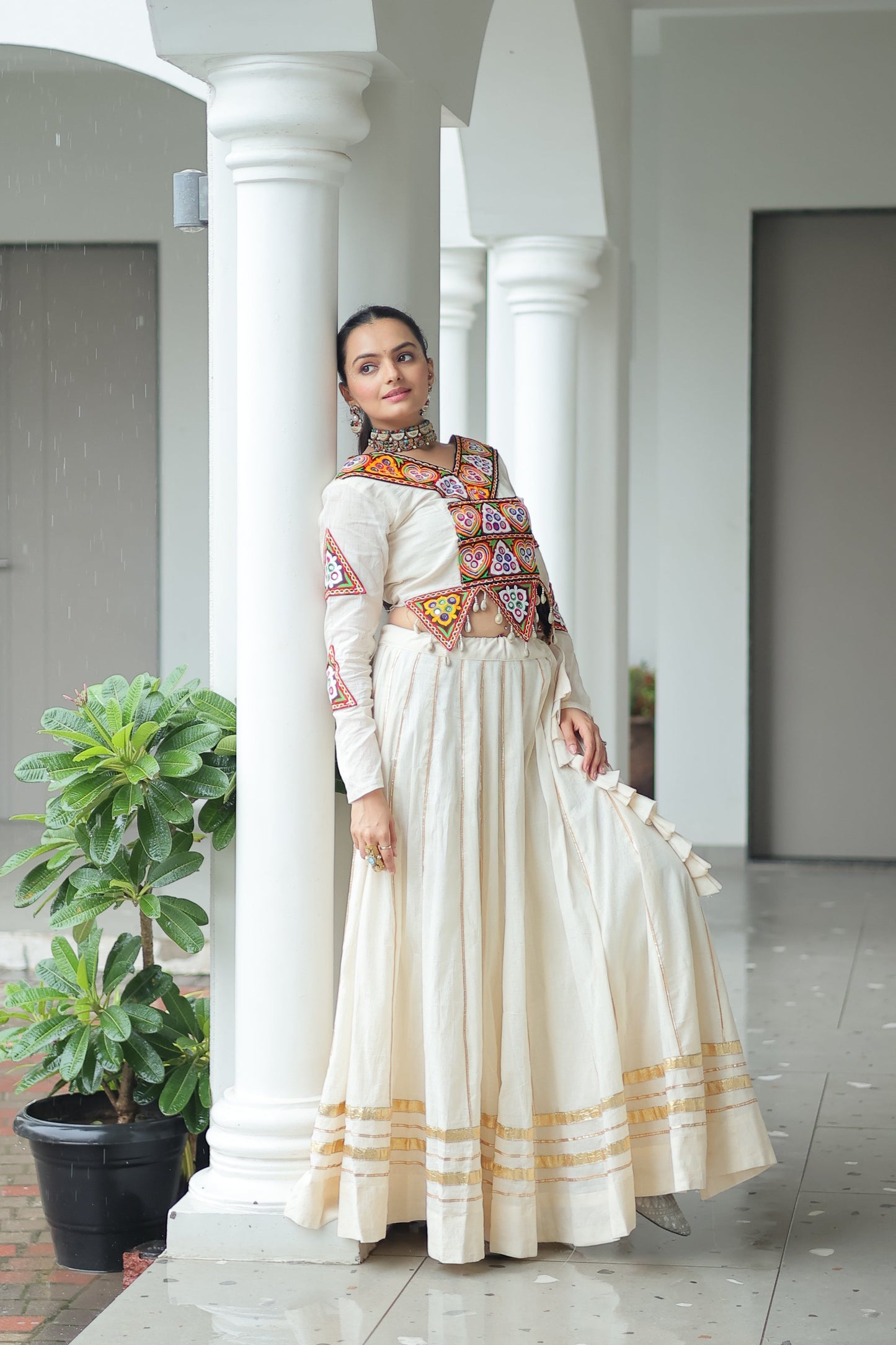 TILTON NAVRATRI SPECIAL KUTCHI GAMTHI WORK KORA COTTON LEHENGA CHOLI WITH KOTI