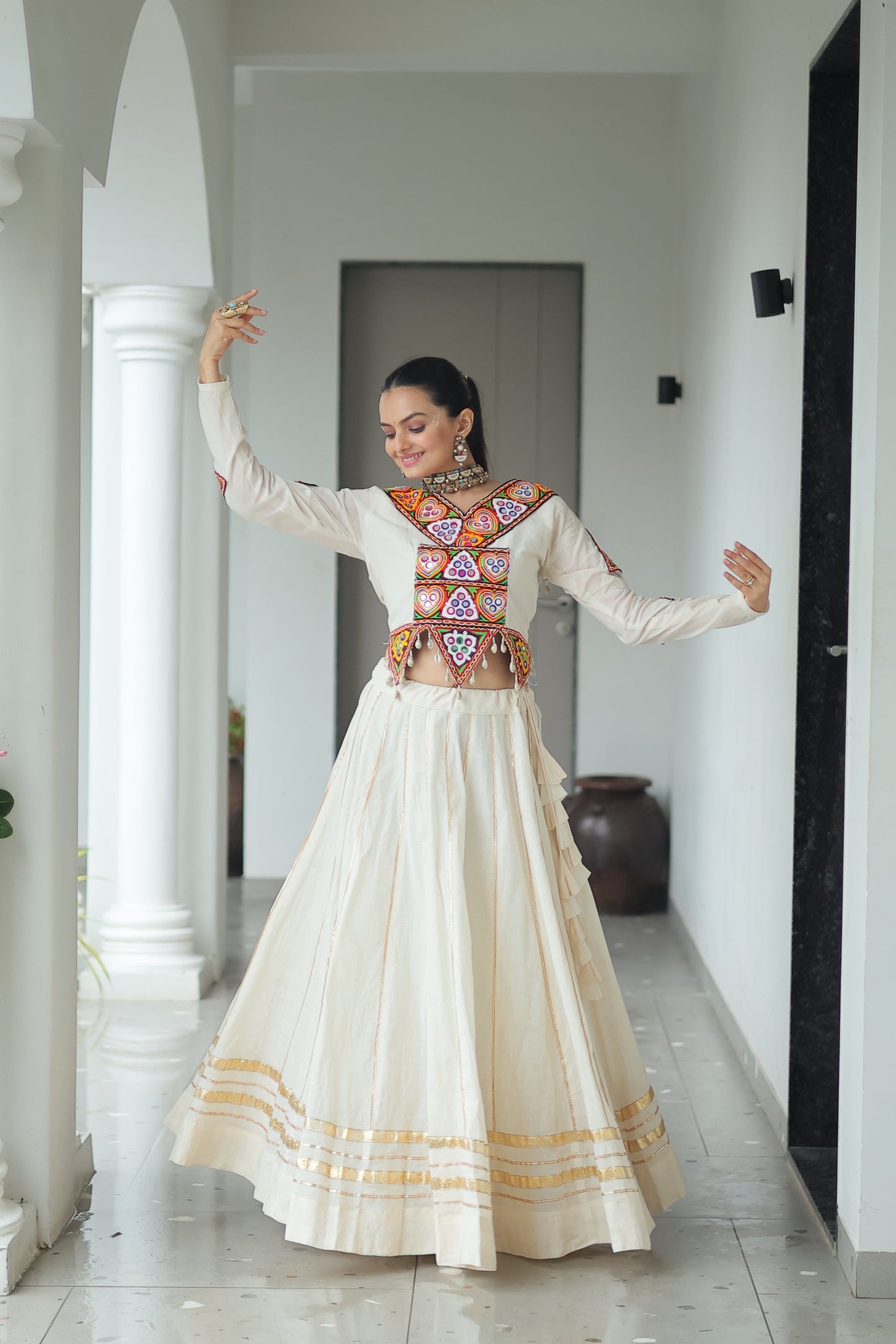 TILTON NAVRATRI SPECIAL KUTCHI GAMTHI WORK KORA COTTON LEHENGA CHOLI WITH KOTI