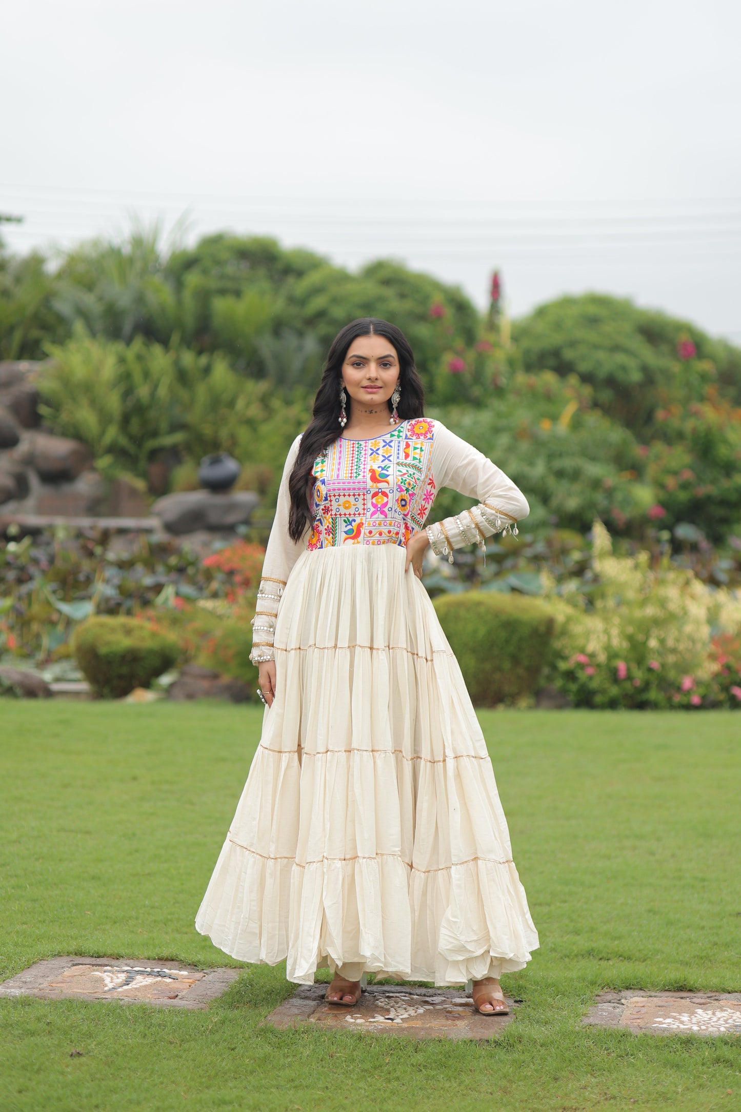 TILTON NAVRATRI SPECIAL KORA COTTON EMBROIDERED GOWN WITH GOTA PATTI WORK