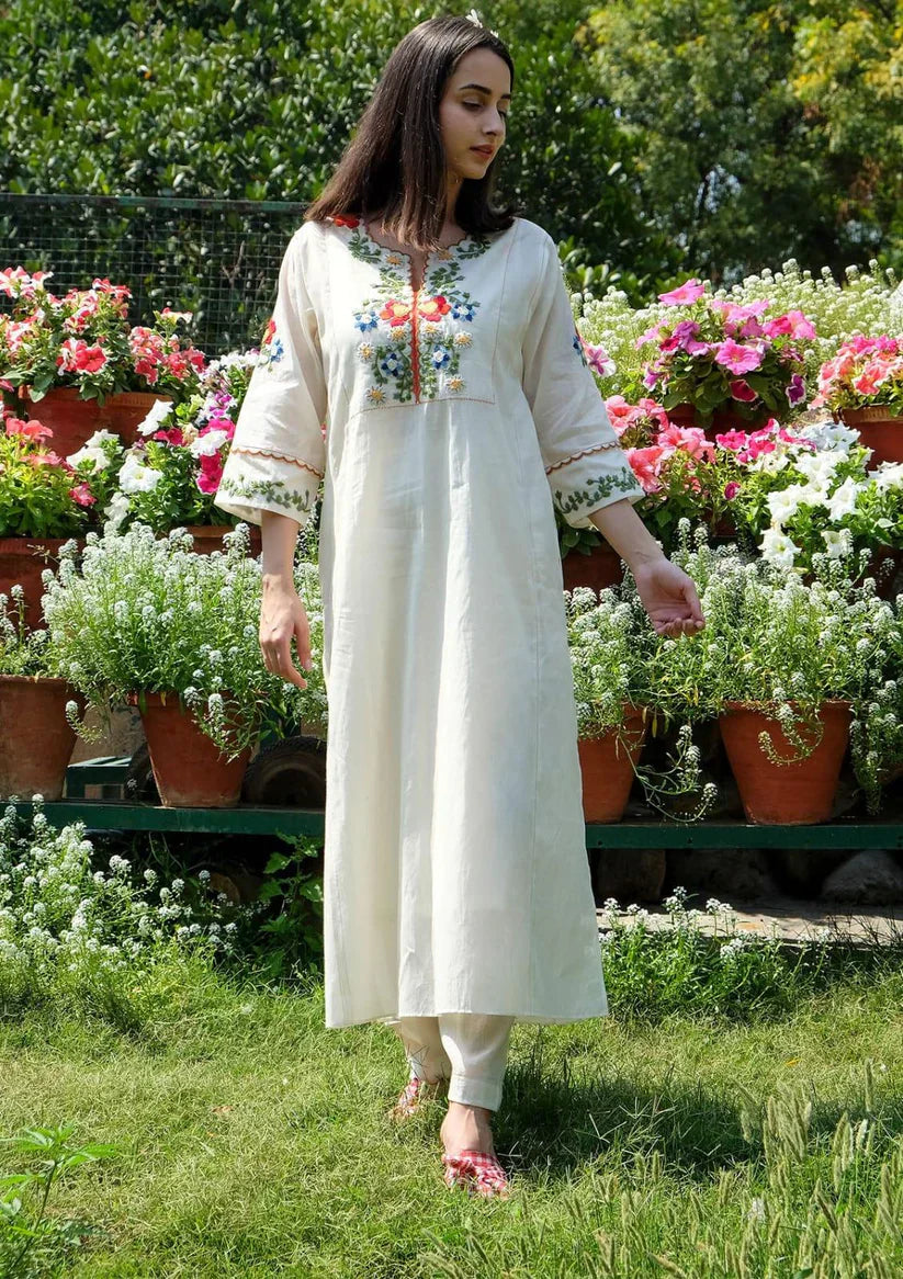 Elegant Off-White Embroidered Cotton Kurta & Pant Set for Women