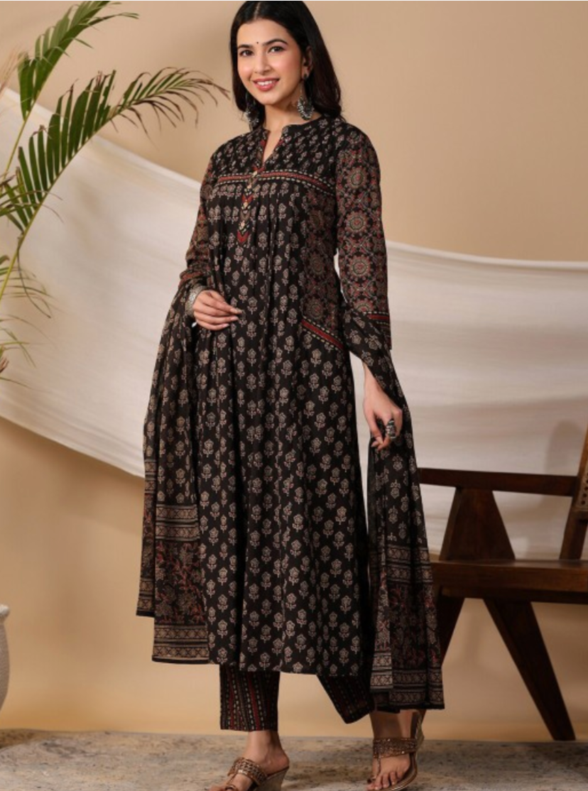 Comfortable Black Pure Cotton Printed Kurta Set with Trousers & Dupatta
