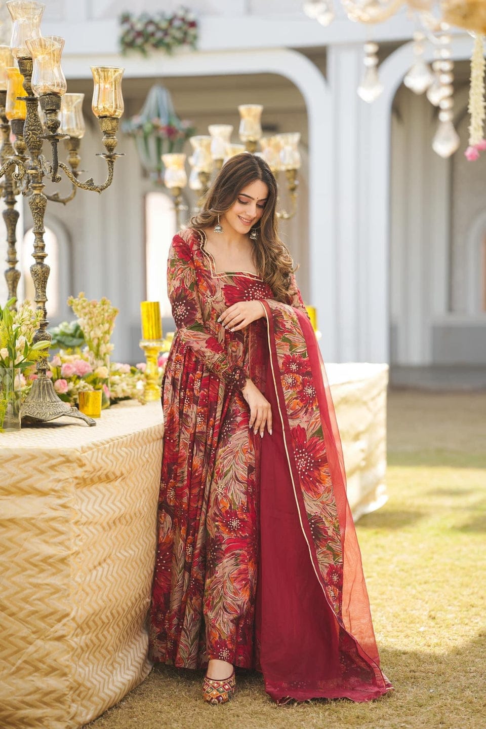 Elegant Maroon Floral Cotton Kurta Pant Dupatta Set for Women