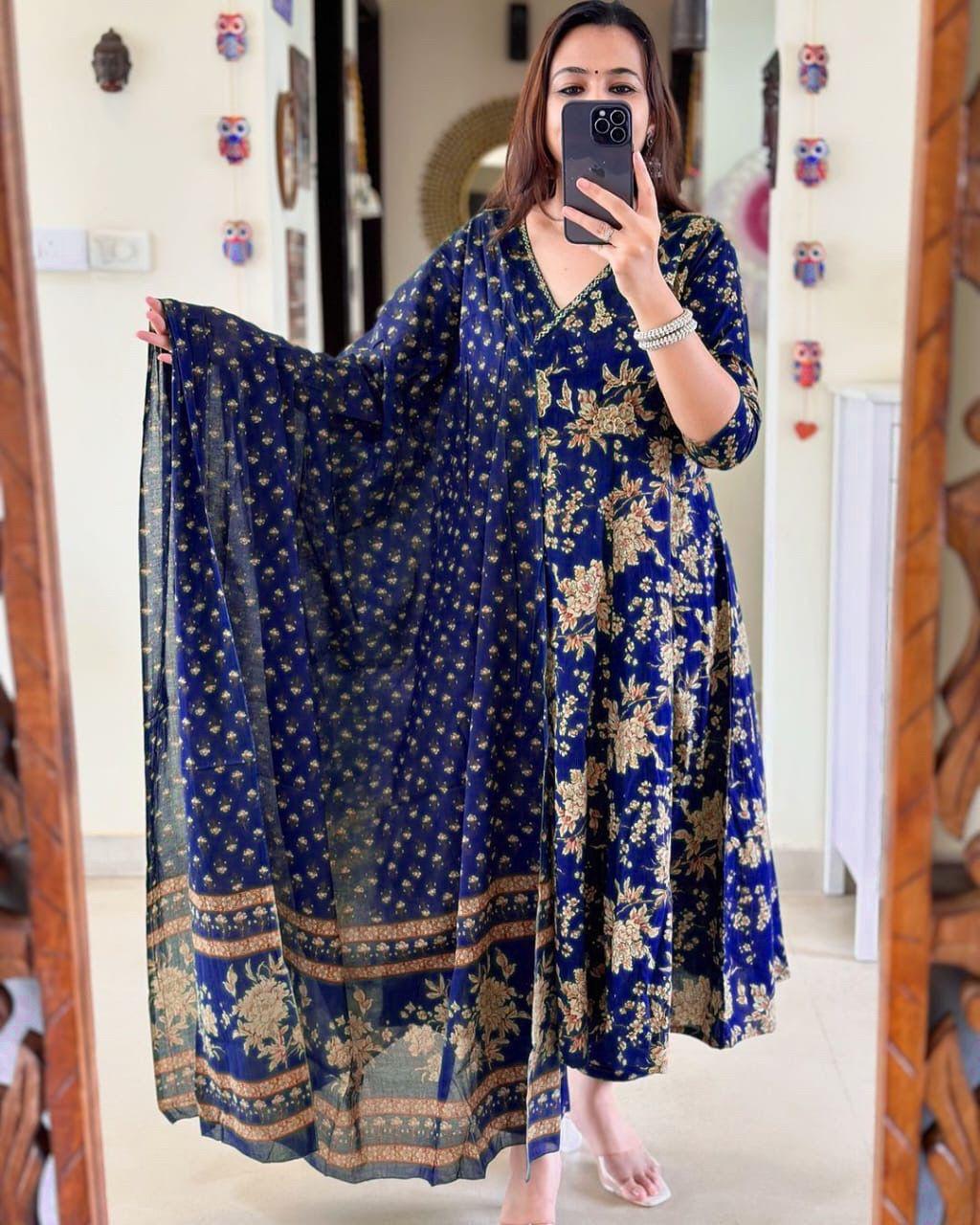 Charming Blue Pure Cotton Anarkali Angrakha Style Kurta Set for Elegant Women