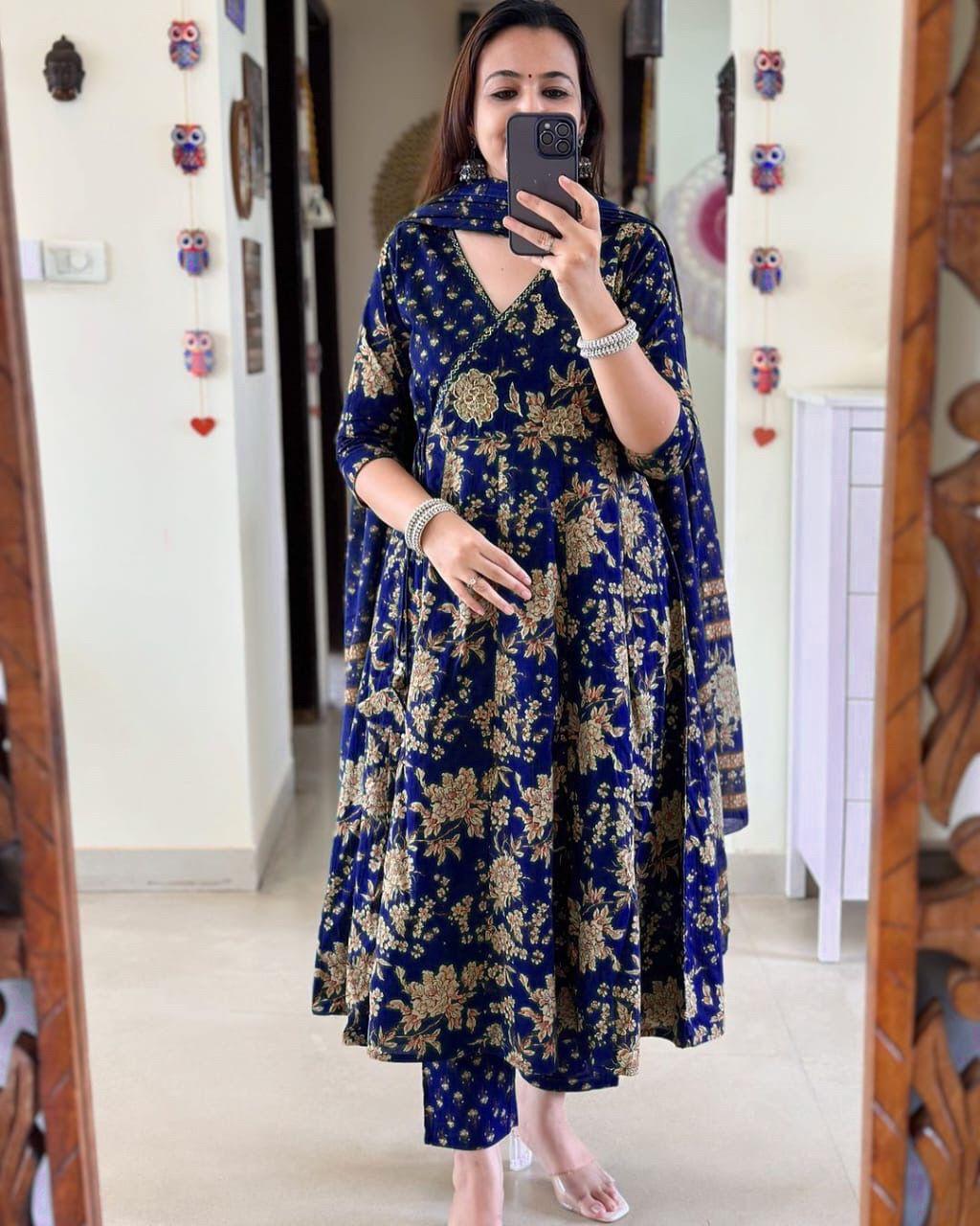 Charming Blue Pure Cotton Anarkali Angrakha Style Kurta Set for Elegant Women
