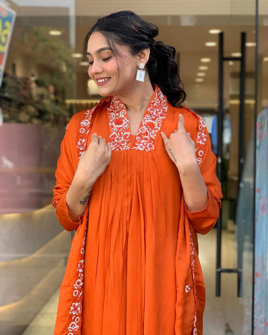 Elegant Orange Cotton Kurti Pant Set with Malmal Dupatta for Women