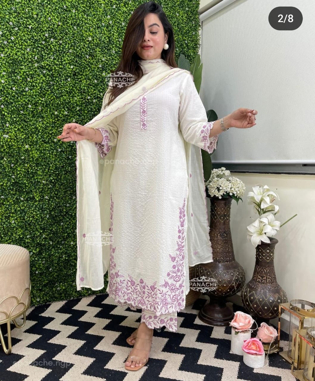 Elegant Off-White Cotton Dobby Embroidered Kurta Pant Dupatta Set for Women