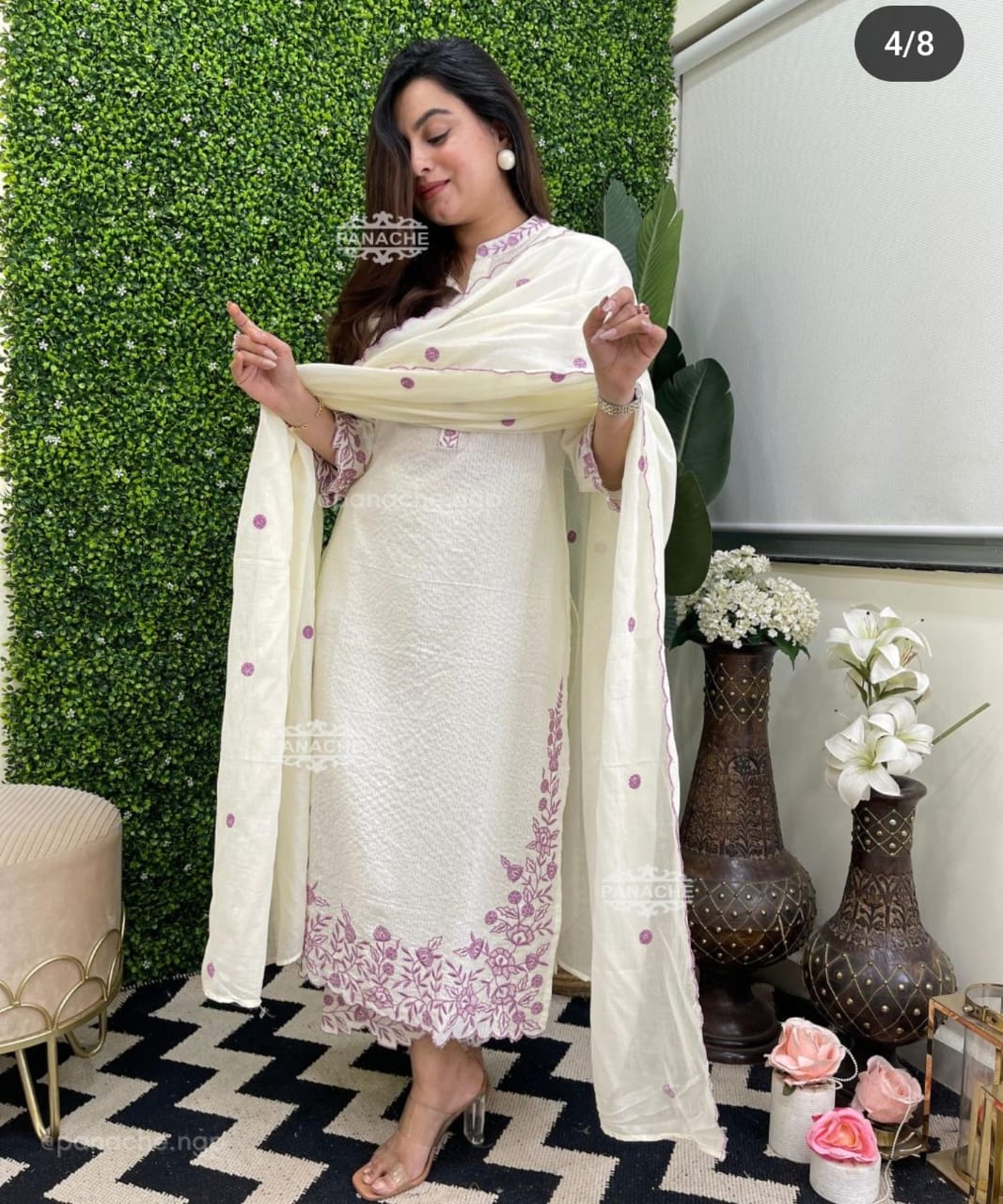 Elegant Off-White Cotton Dobby Embroidered Kurta Pant Dupatta Set for Women
