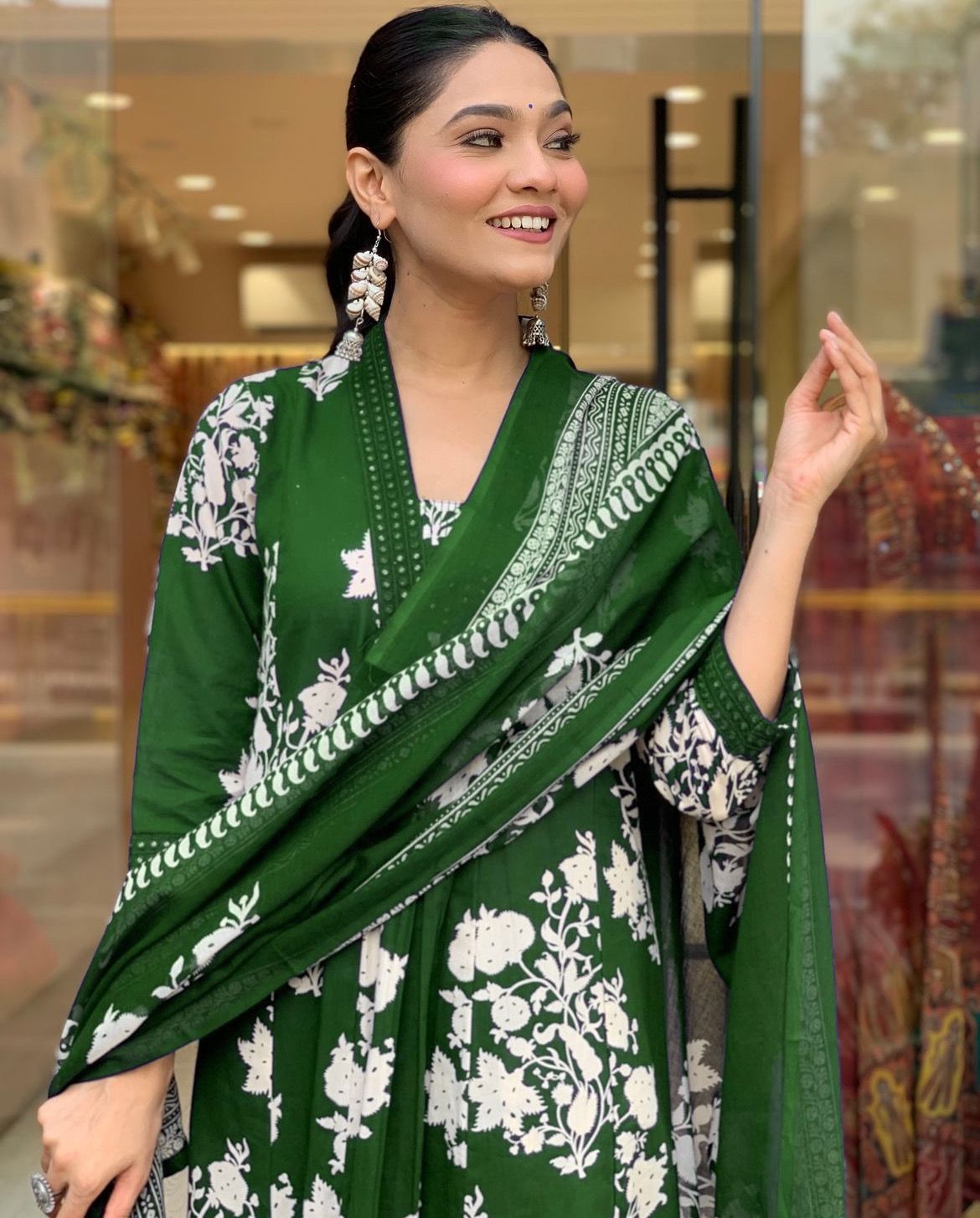 Elegant Royal Dark Green Cotton Printed Kurta Pant Dupatta Set for Women
