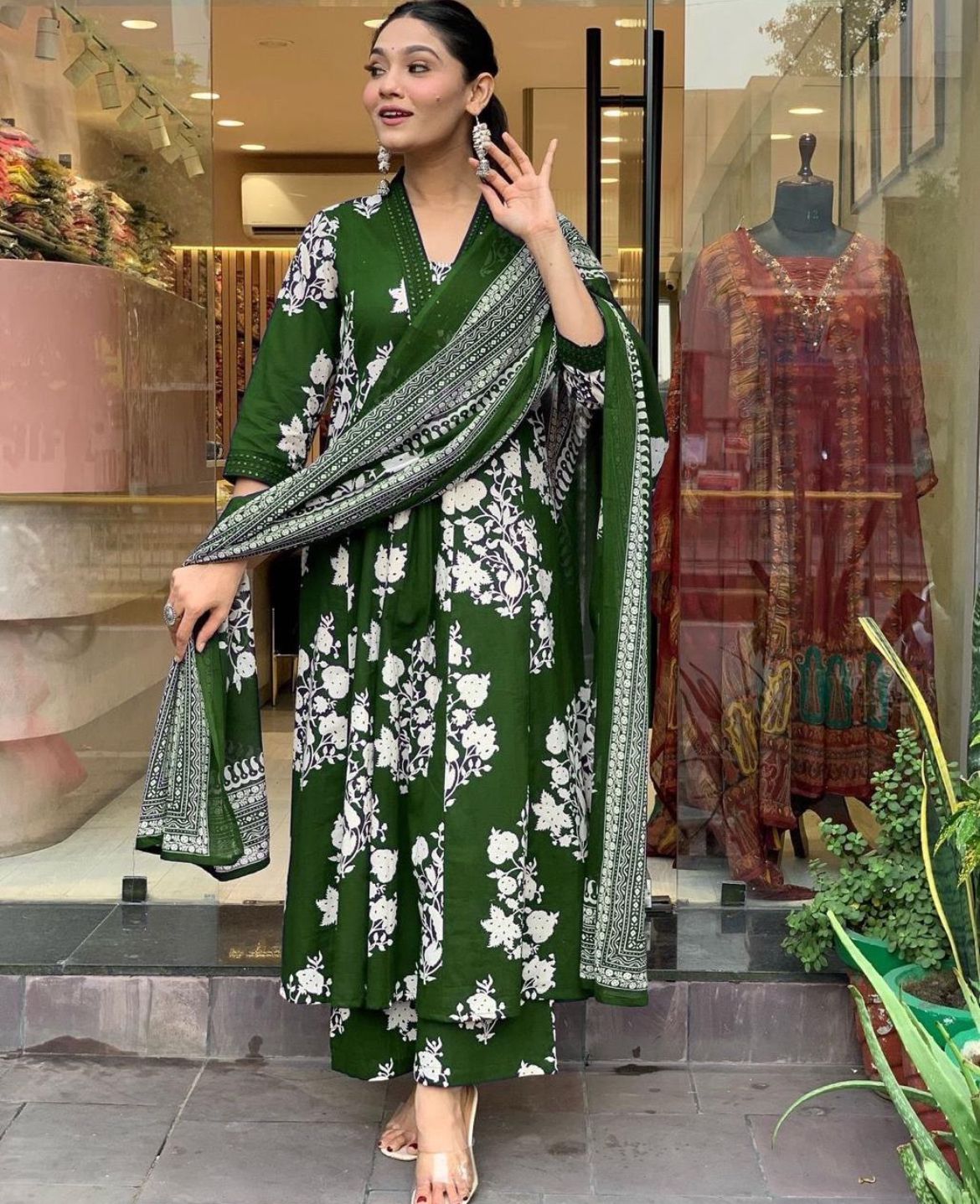 Elegant Royal Dark Green Cotton Printed Kurta Pant Dupatta Set for Women
