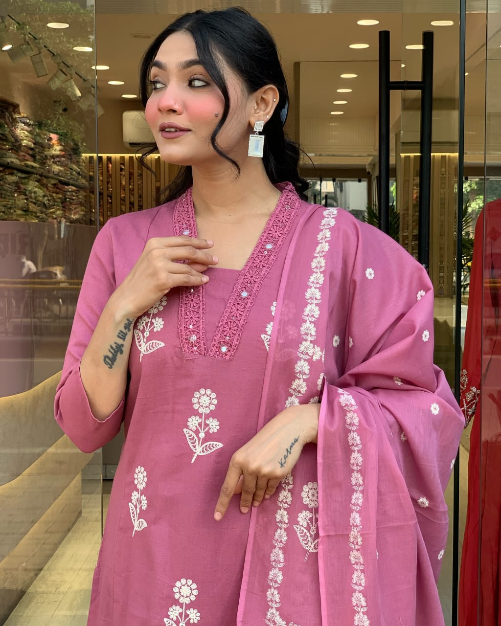 Biba Elegant Rose Pink Floral Embroidered Kurta Set with Pants & Dupatta