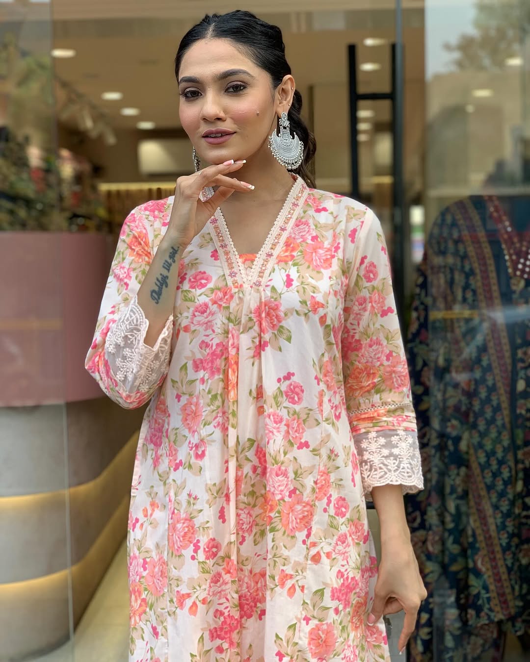 Elegant Floral Print Pure Cotton Ethnic Kurta Set with Attached Dupatta