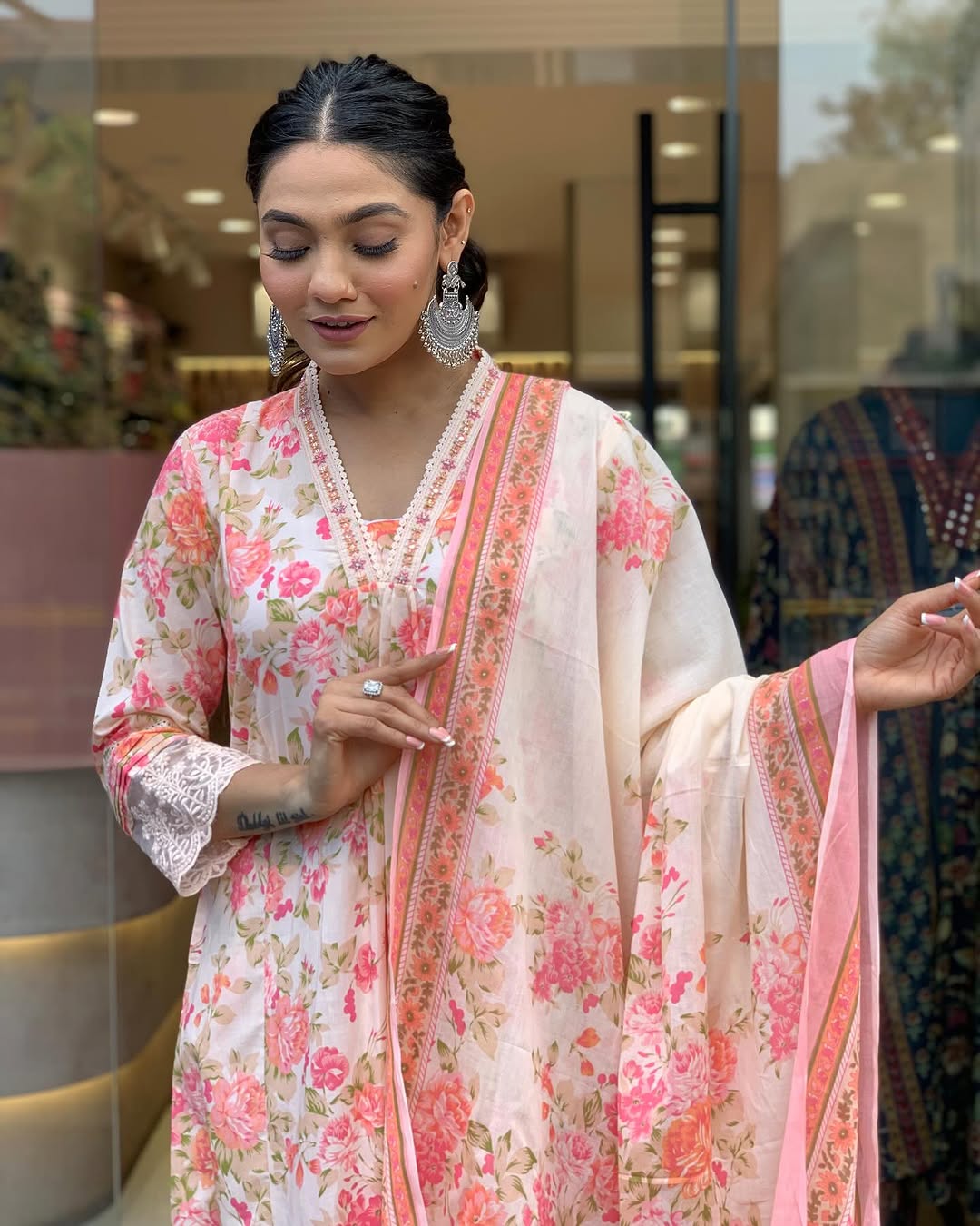 Elegant Floral Print Pure Cotton Ethnic Kurta Set with Attached Dupatta