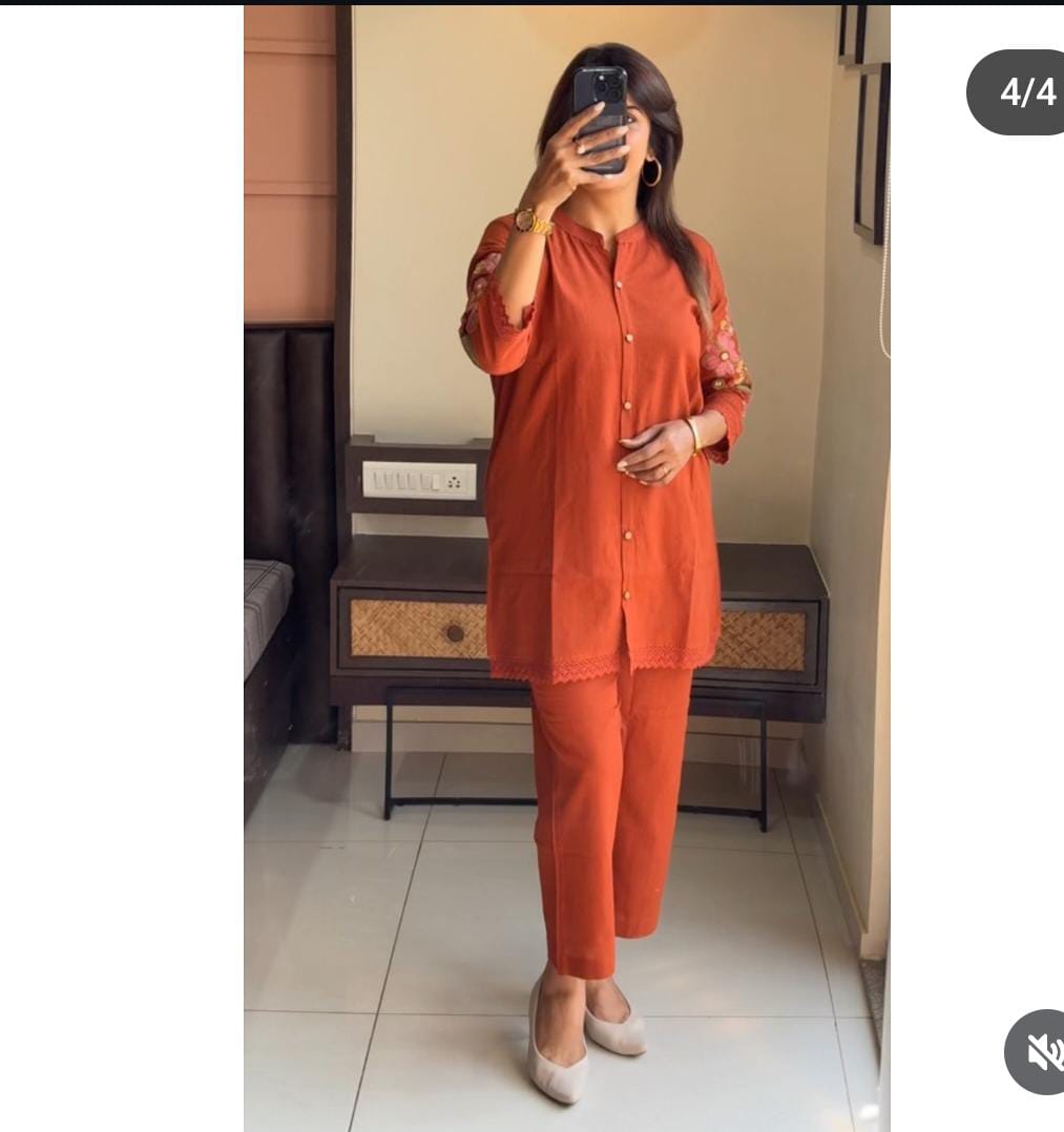 Elegant Rust Orange Co-ord Set: Embroidered Top & Pants for Chic Comfort