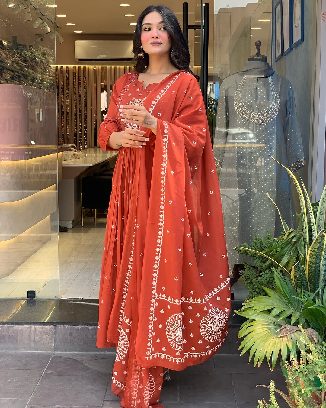 Elegant Rust Orange Embroidered Anarkali Suit for Women with Dupatta