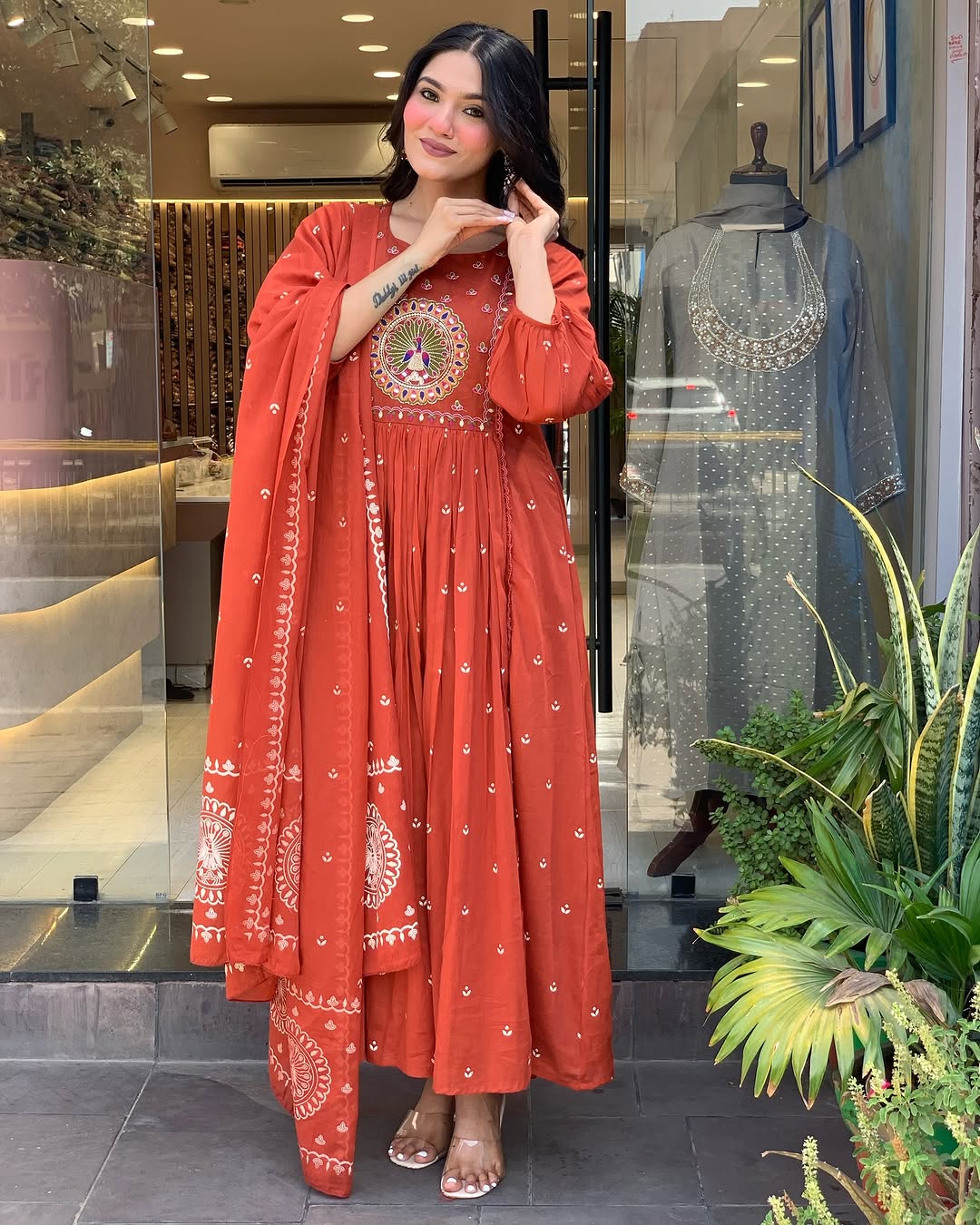 Elegant Rust Orange Embroidered Anarkali Suit for Women with Dupatta
