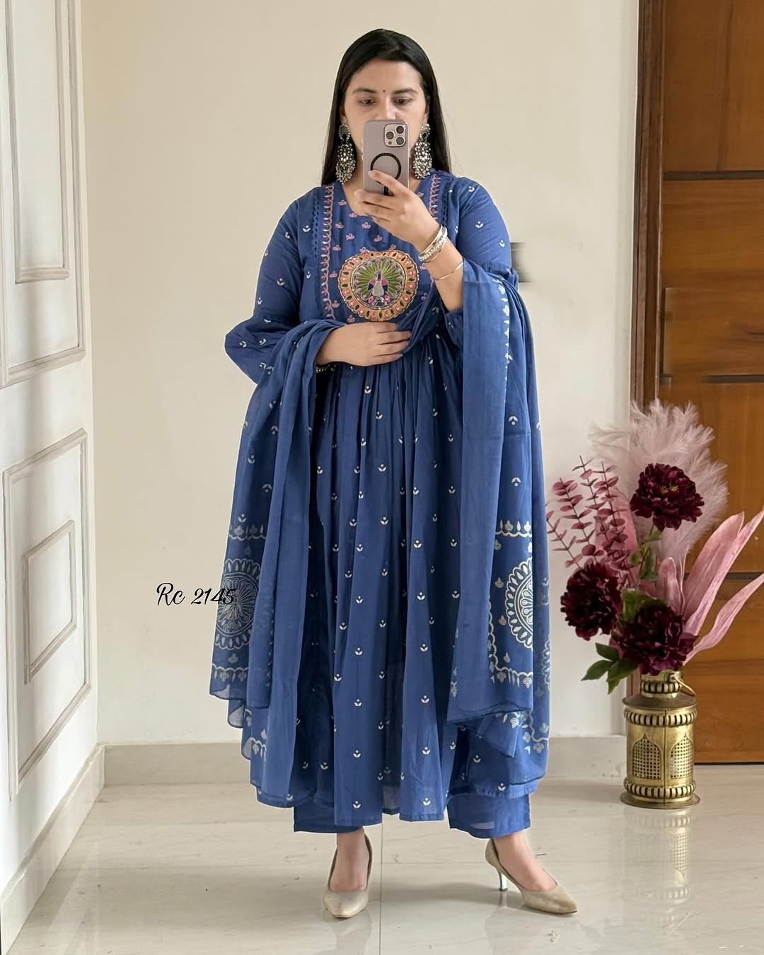 Biba Royal Blue Anarkali Kurta Set with Elegant Mirror Work Embroidery
