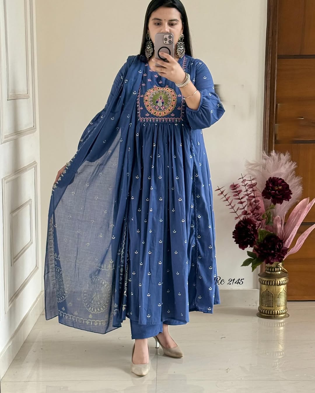 Biba Royal Blue Anarkali Kurta Set with Elegant Mirror Work Embroidery