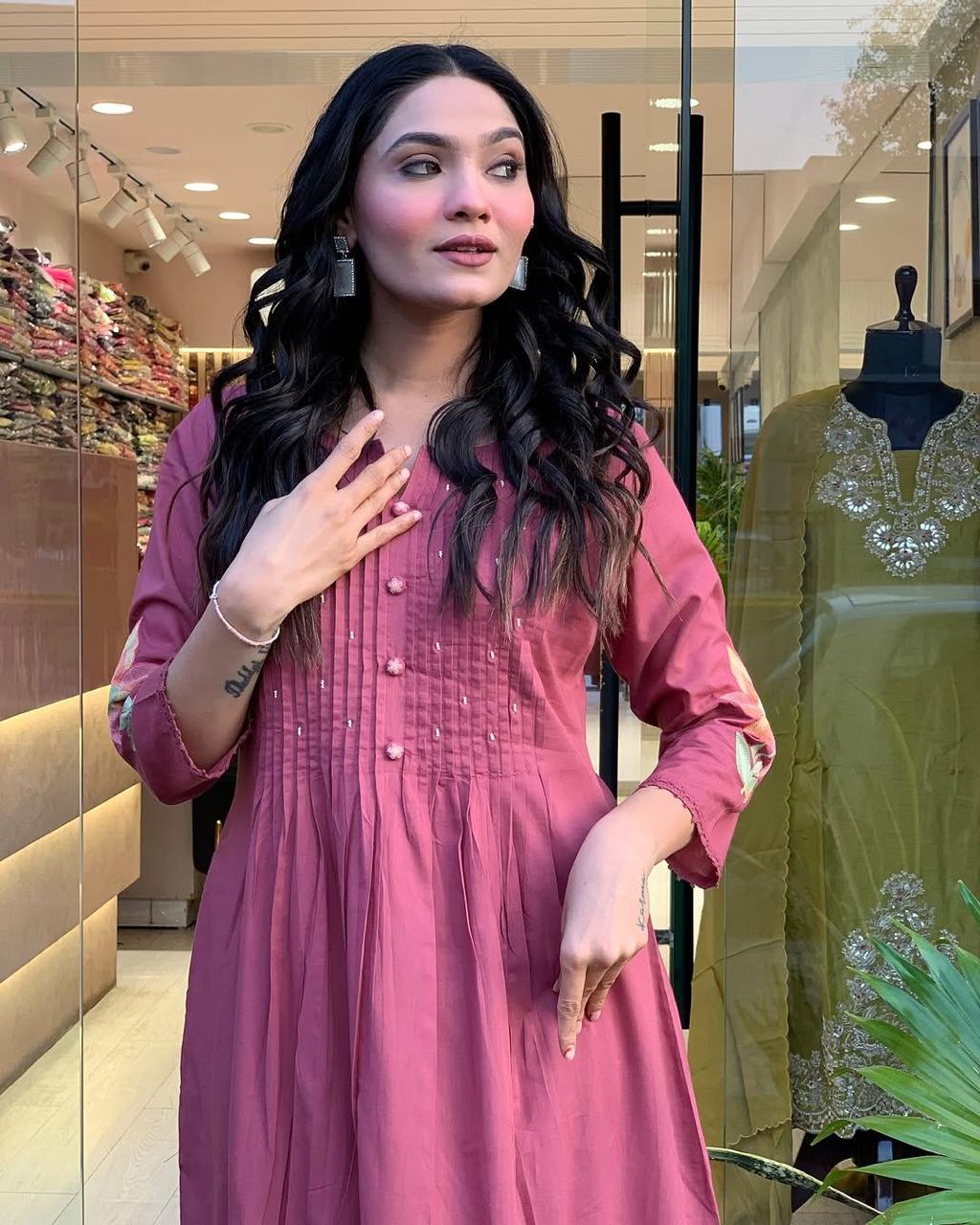 Elegant Rosewood Flared Kurta for Women, Intricate Front Detailing, Premium Comfort Fabric