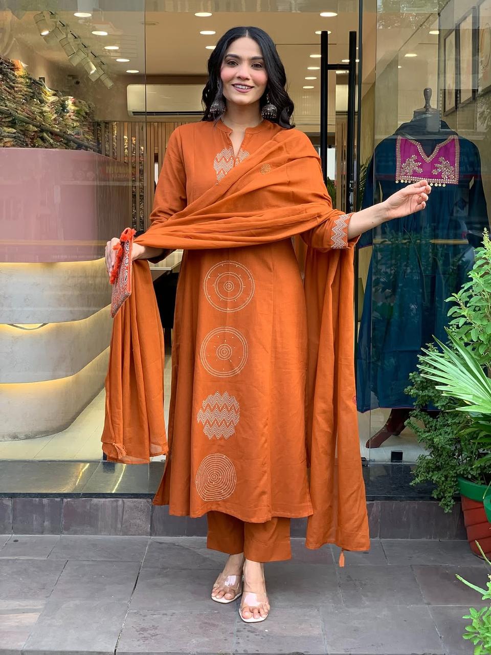 Biba Rust Orange Hand-Embroidered Cotton Kurta Set Dupatta Elegant Festive Attire