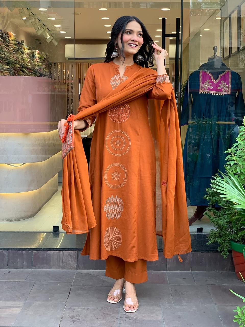 Biba Rust Orange Hand-Embroidered Cotton Kurta Set Dupatta Elegant Festive Attire