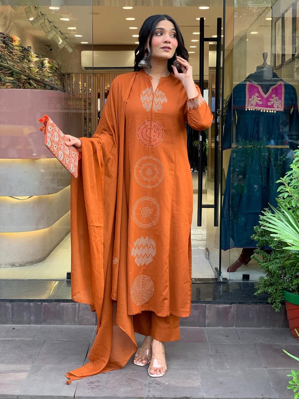 Biba Rust Orange Hand-Embroidered Cotton Kurta Set Dupatta Elegant Festive Attire