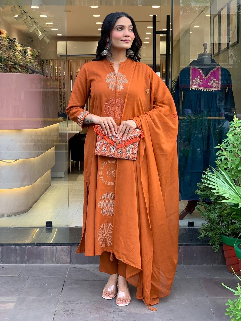 Biba Rust Orange Hand-Embroidered Cotton Kurta Set Dupatta Elegant Festive Attire