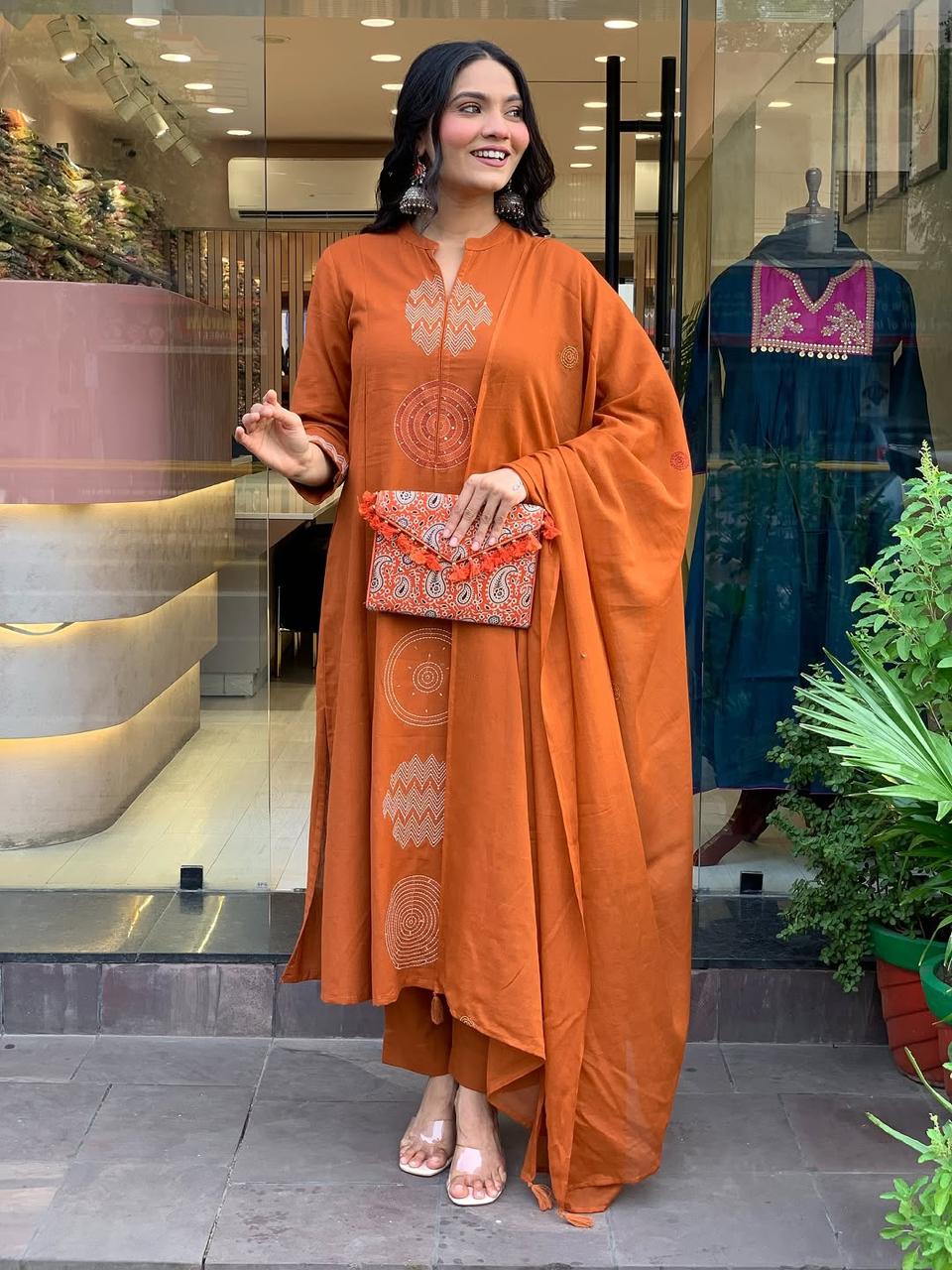 Biba Rust Orange Hand-Embroidered Cotton Kurta Set Dupatta Elegant Festive Attire