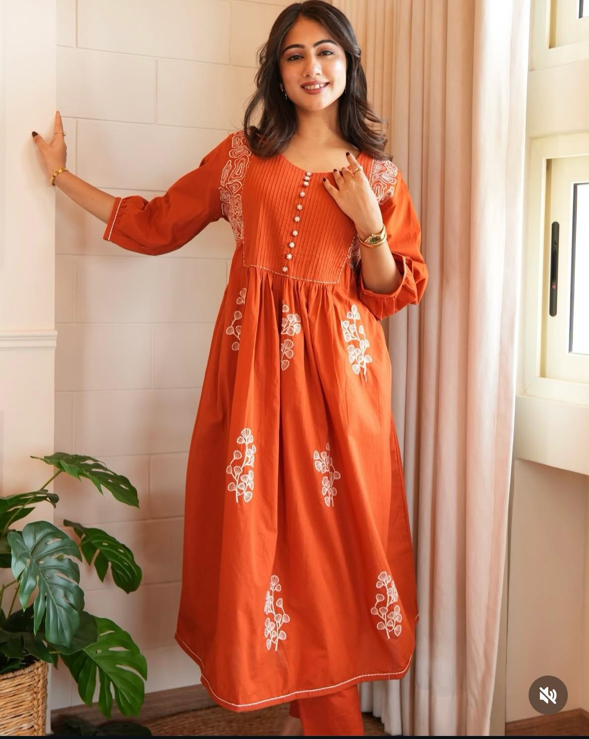 Elegant Orange Embroidered Cotton Kurta Set with Dupatta for Women