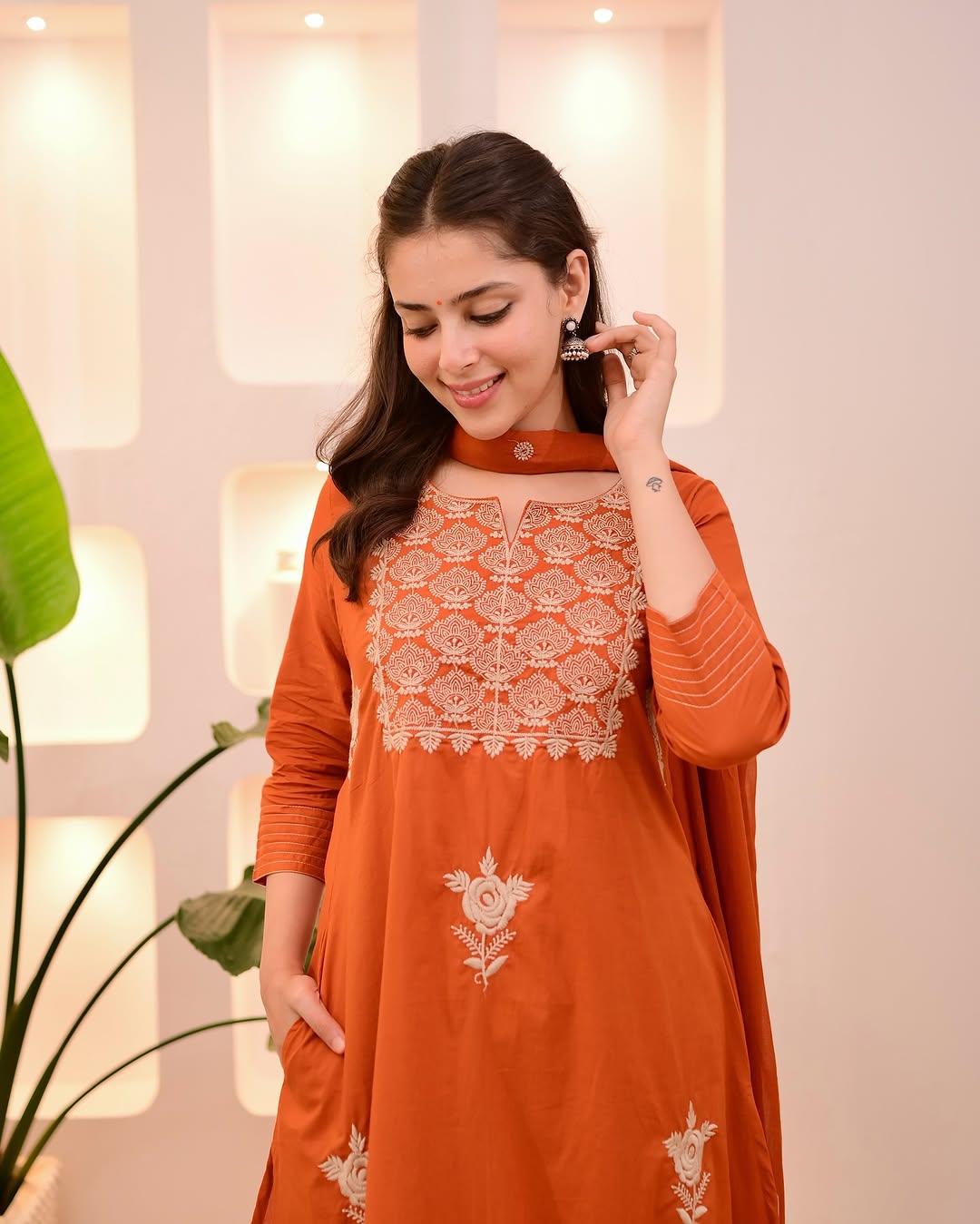 Elegant Mocha Orange Cotton Suit for Women - Intricate Threadwork Design