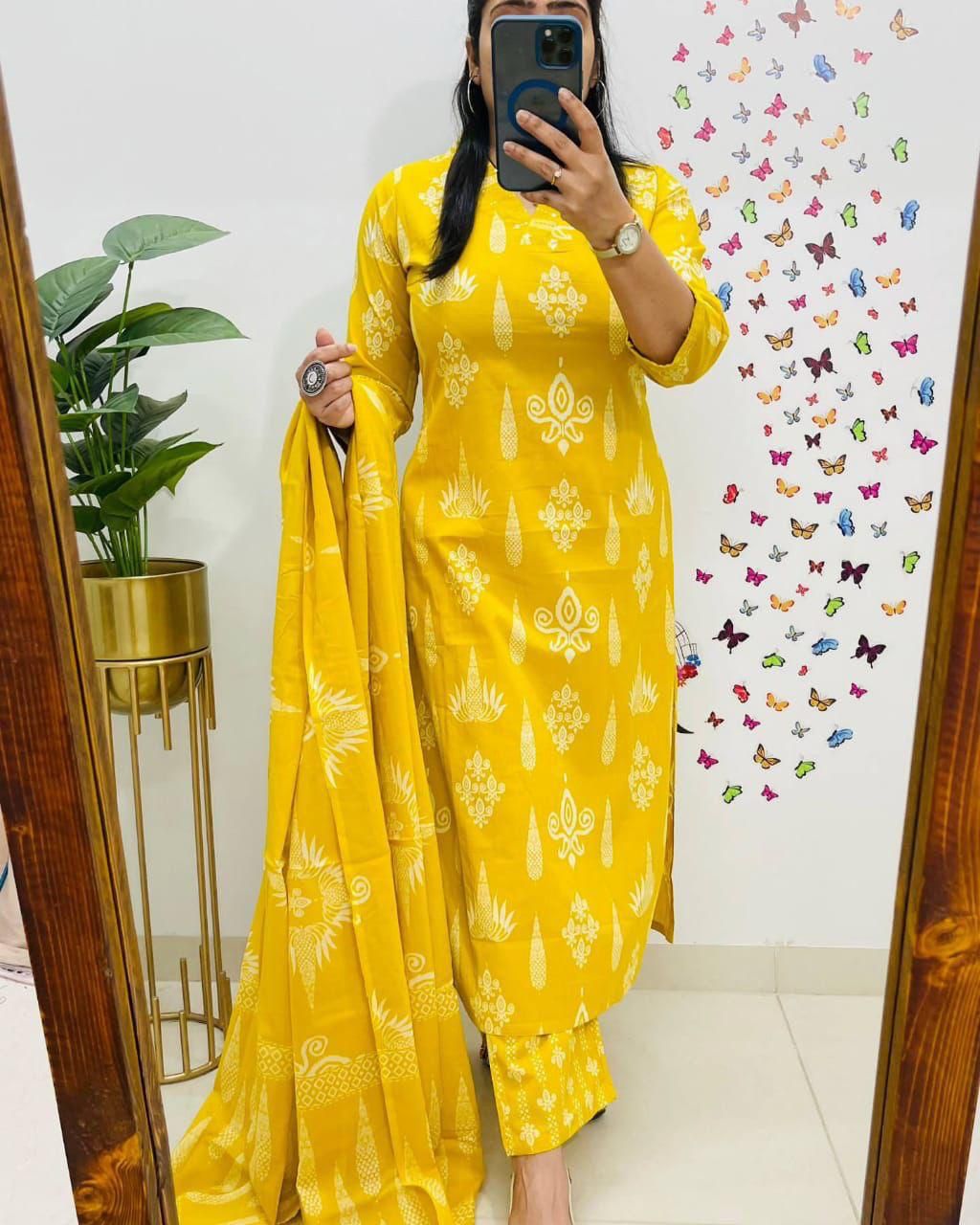 Vibrant Yellow Handblock Print Cotton Suit Set for Women - Breathable Comfort