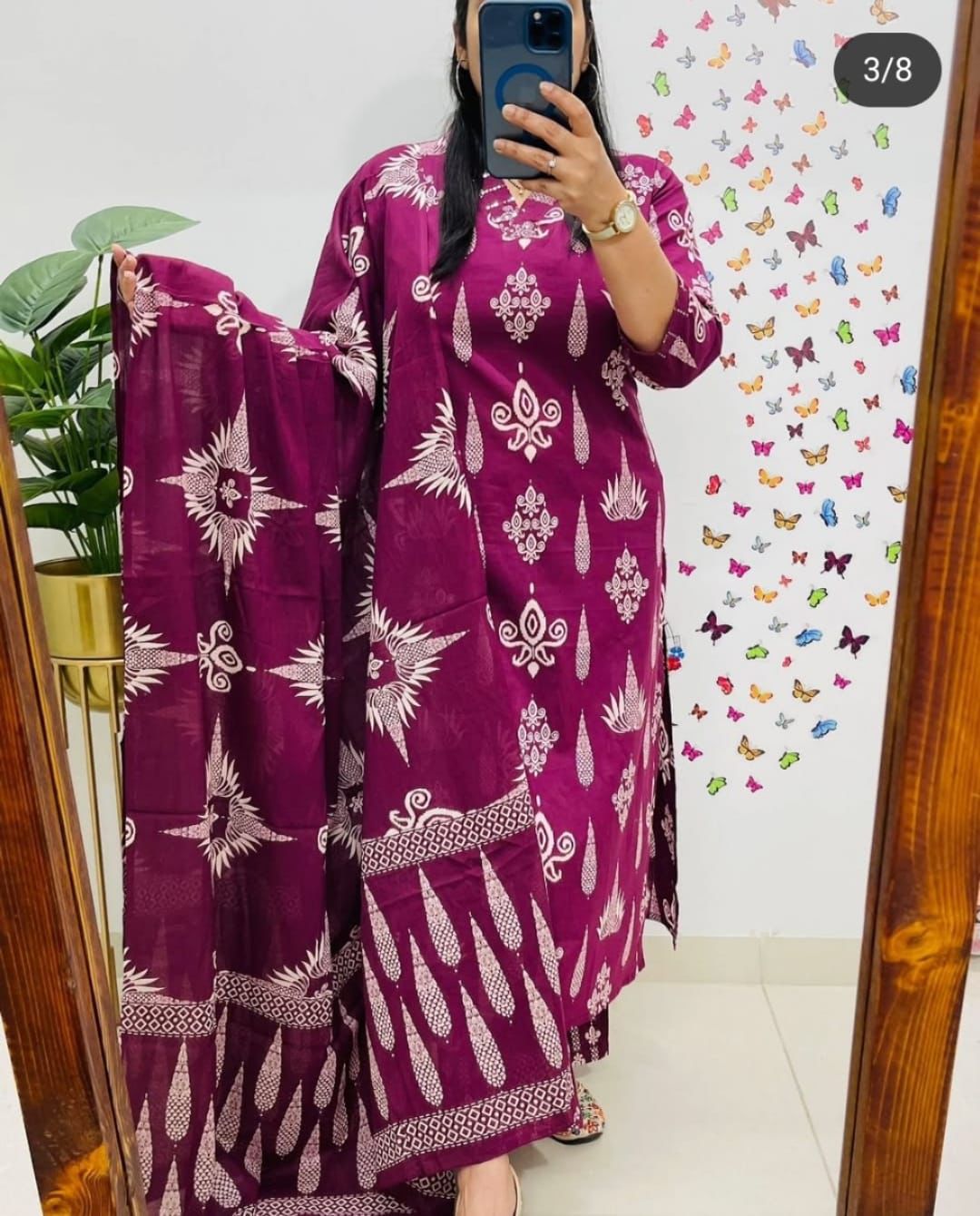 Women's Maroon Handblock Cotton Kurta Palazzo Dupatta Set - Pure Comfort & Style