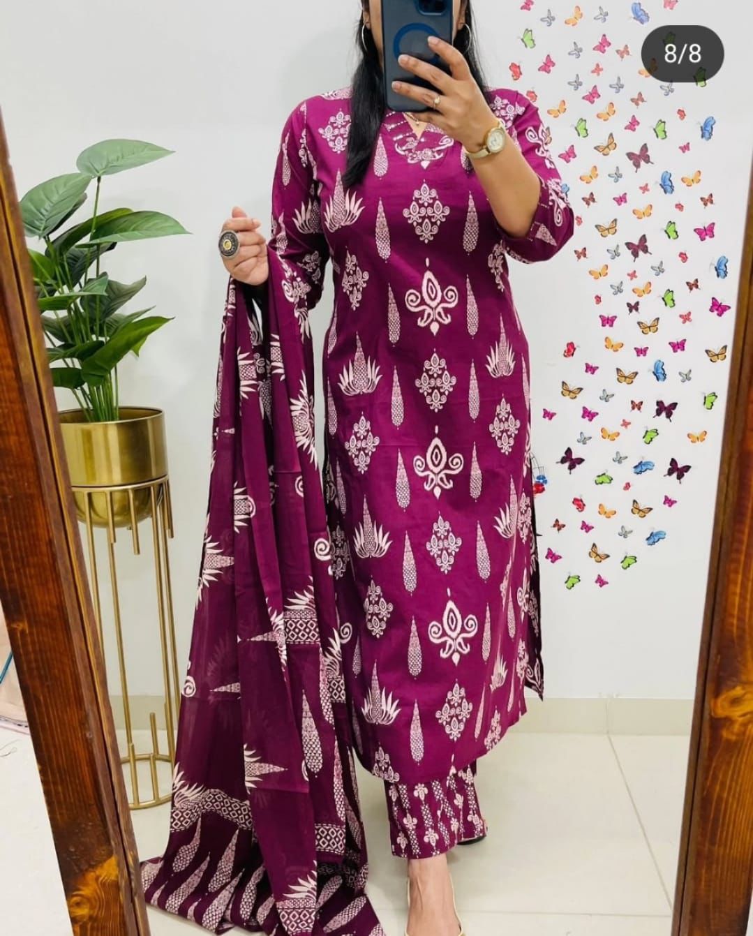 Women's Maroon Handblock Cotton Kurta Palazzo Dupatta Set - Pure Comfort & Style