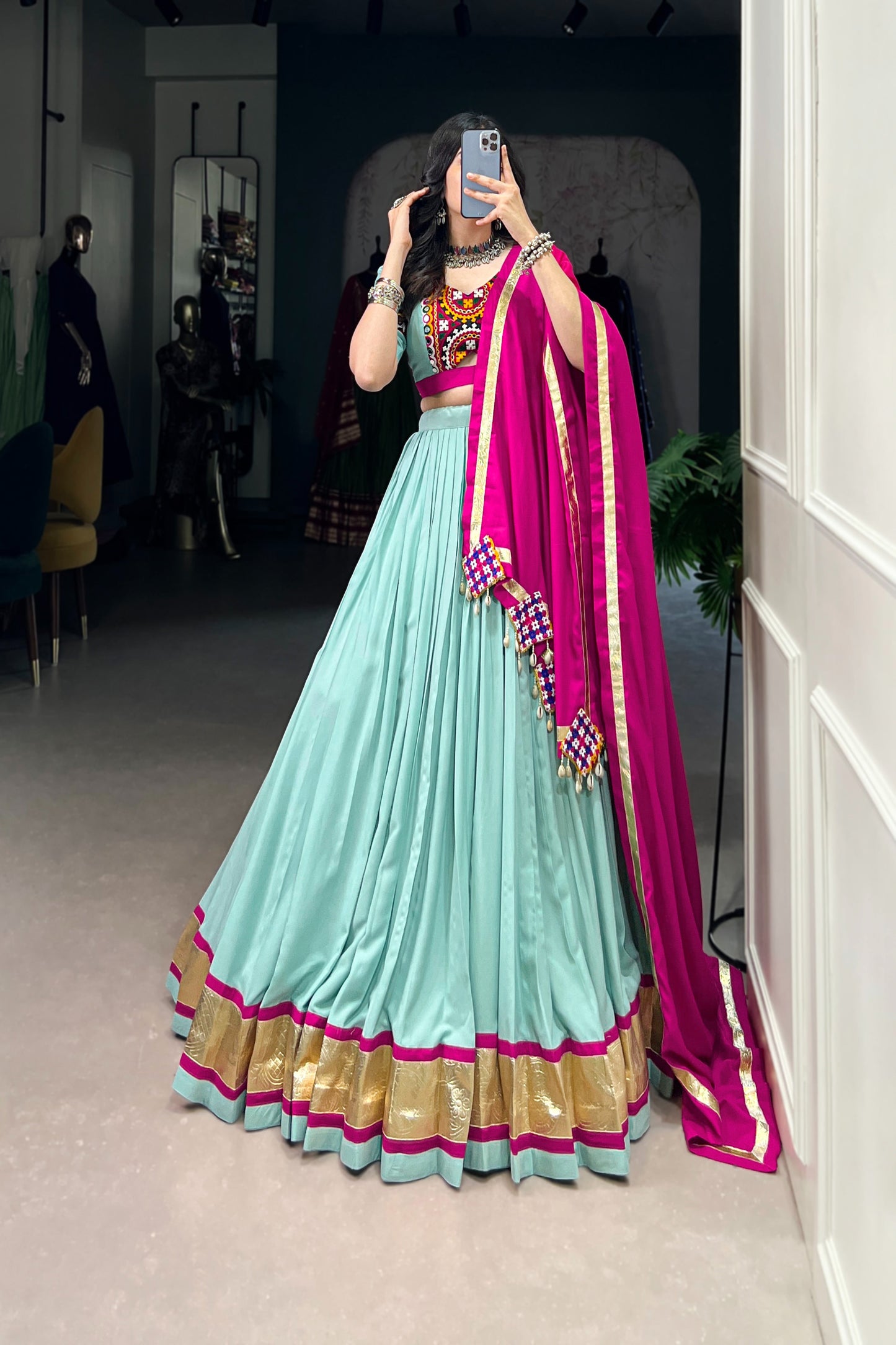 TILTON NAVRATRI SPECIAL GAMTHI WORK PURE RAYON LEHENGA CHOLI WITH DUPATTA