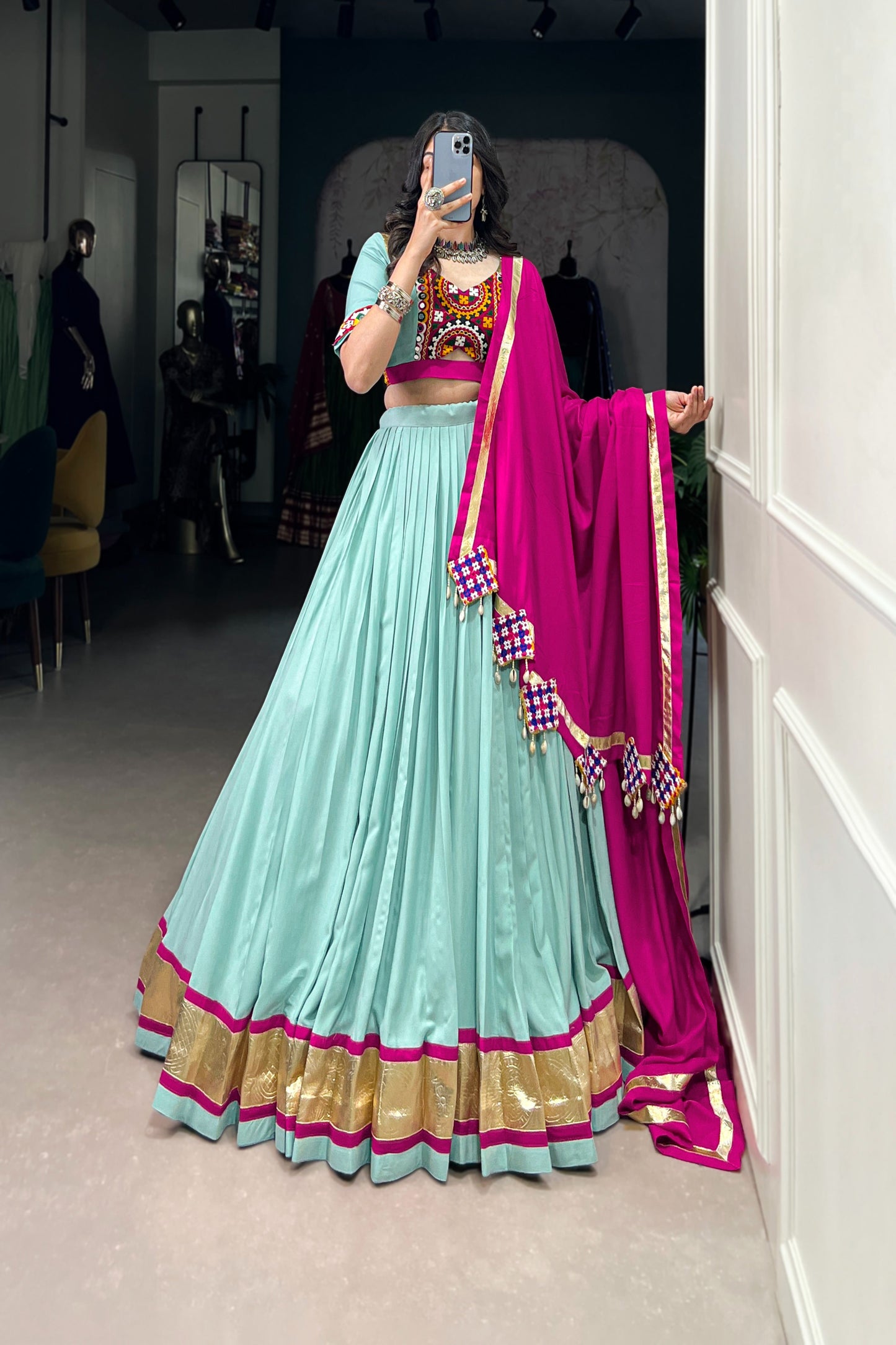 TILTON NAVRATRI SPECIAL GAMTHI WORK PURE RAYON LEHENGA CHOLI WITH DUPATTA