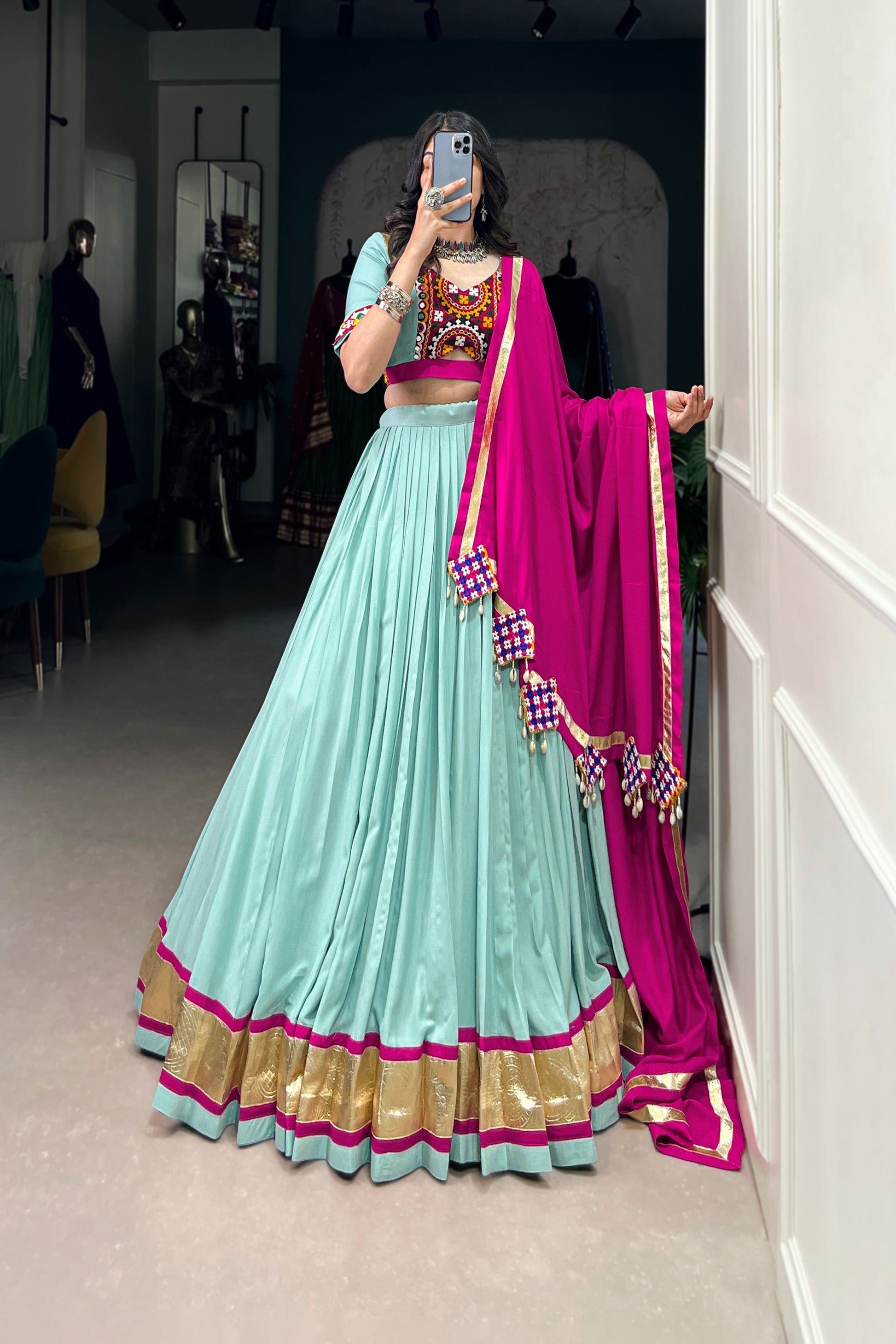 TILTON NAVRATRI SPECIAL GAMTHI WORK PURE RAYON LEHENGA CHOLI WITH DUPATTA