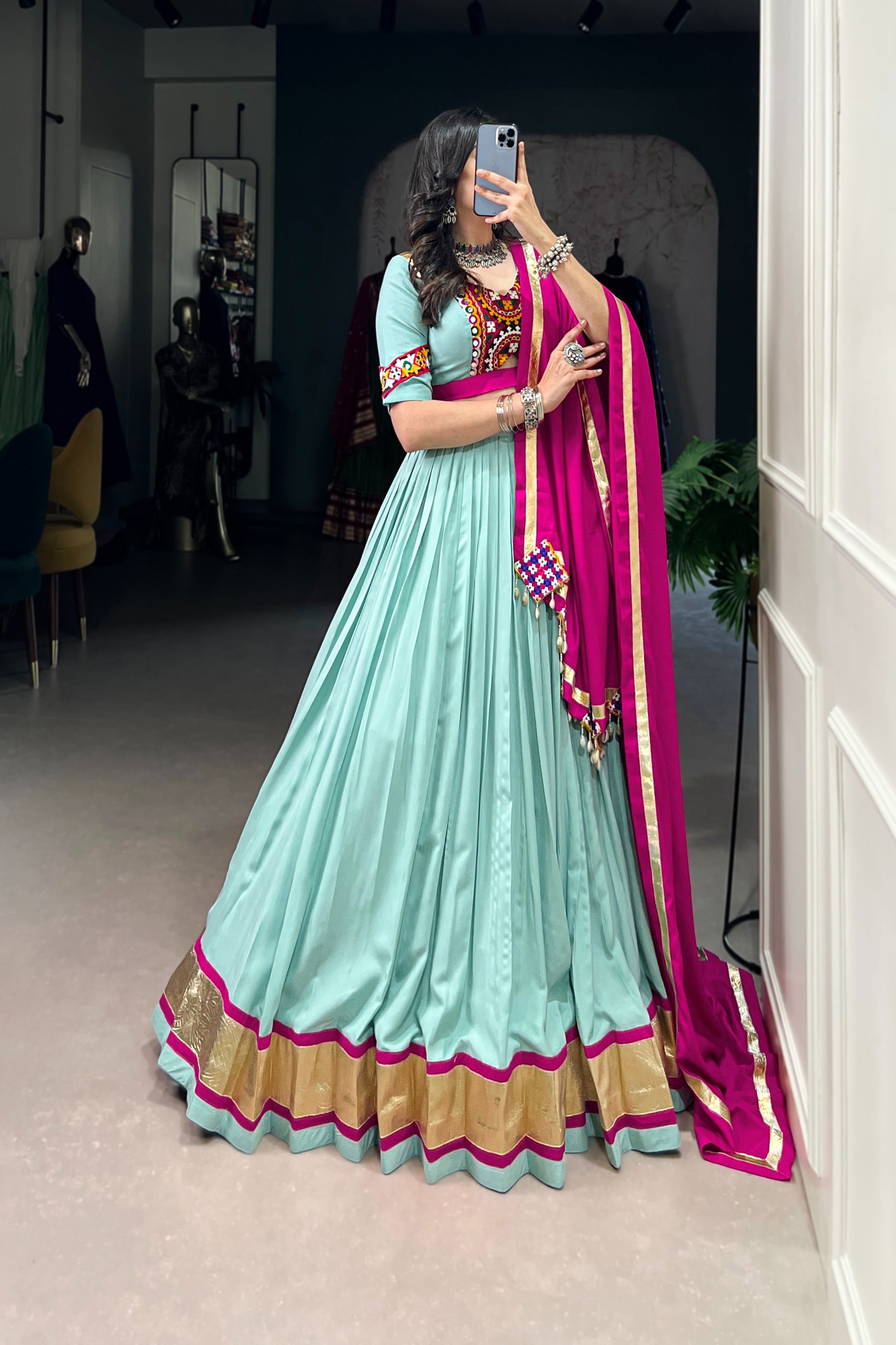 TILTON NAVRATRI SPECIAL GAMTHI WORK PURE RAYON LEHENGA CHOLI WITH DUPATTA